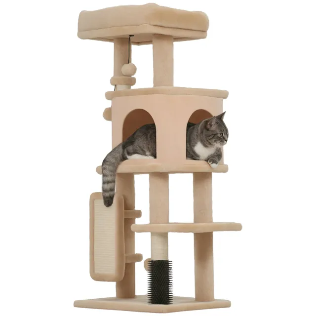 pawhut-arbre-chat-104-cm-avec-niche-couchage-griffoirs-et-brosse-beige image 1