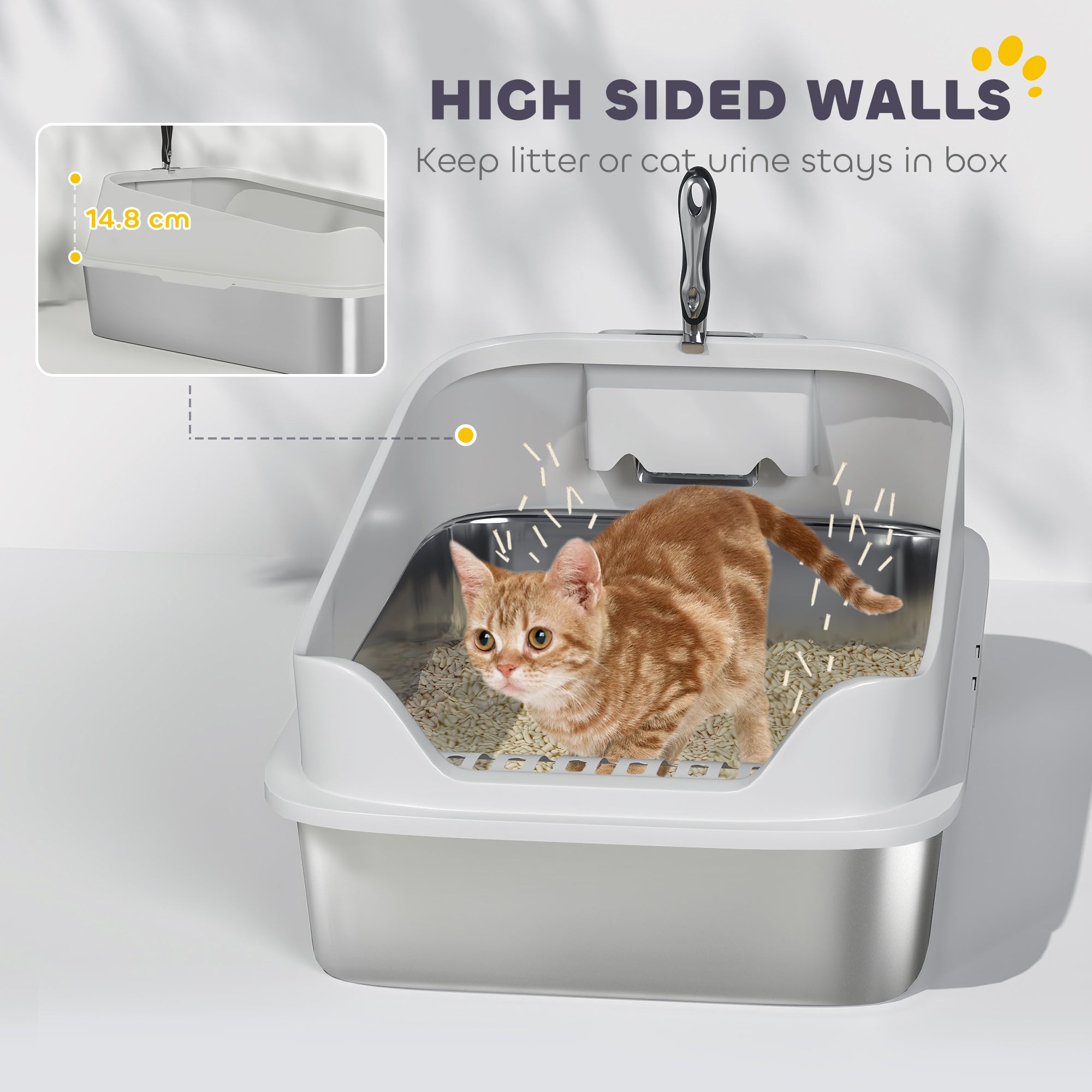 pawhut-bac-liti-re-chat-inox-avec-pelle-bords-hauts-60-cm-gris image 8