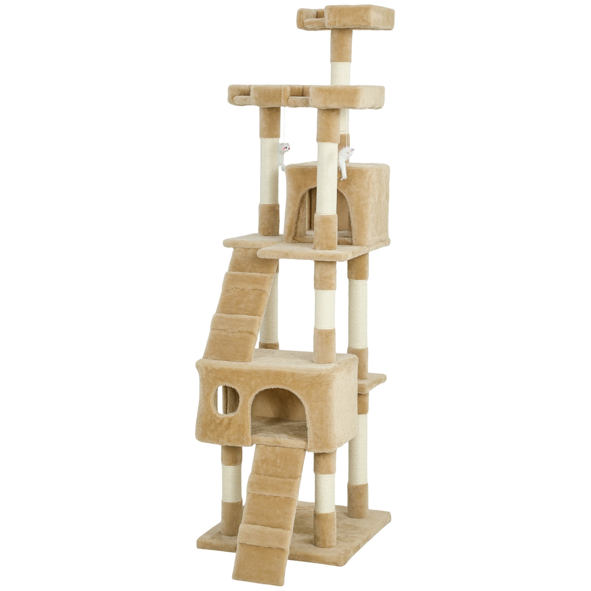 pawhut-arbre-chat-68-pouces-avec-2-niches-perchoirs-et-griffoirs-marron-clair image 2