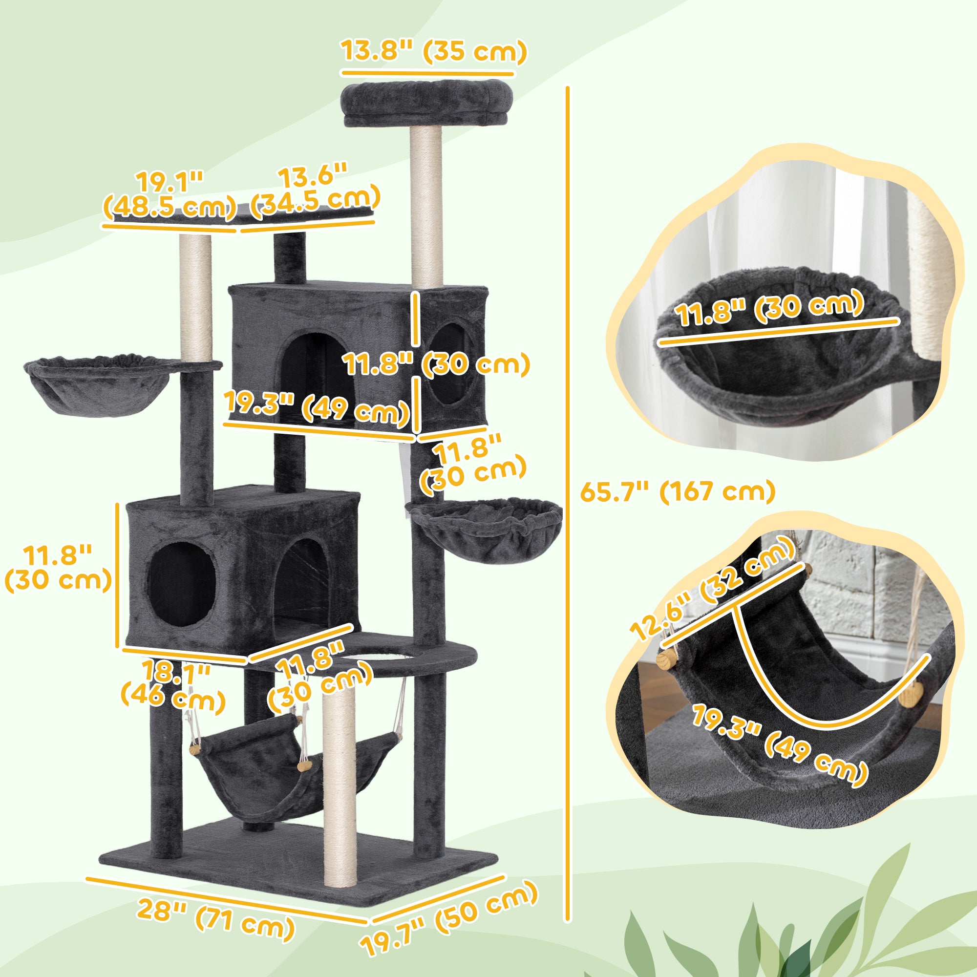 pawhut-arbre-chat-66-avec-2-niches-3-hamacs-et-perchoir-gris-fonc image 5