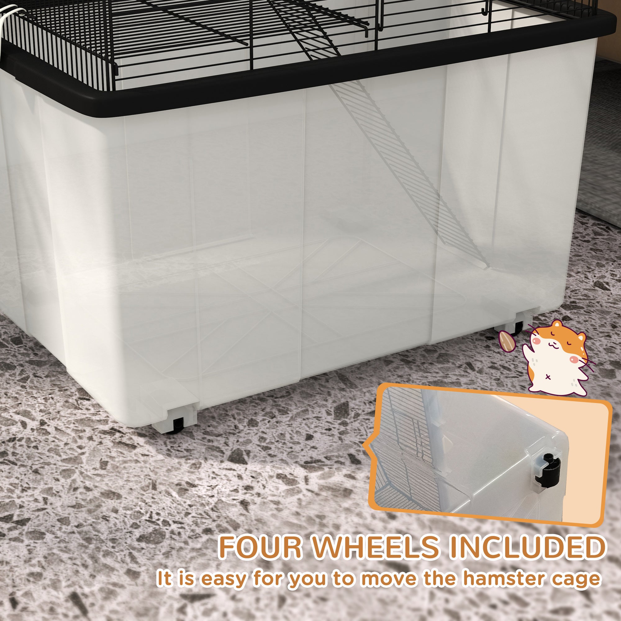 pawhut-cage-hamster-tages-avec-base-profonde-plateforme-rampe-et-roulettes-noire image 7