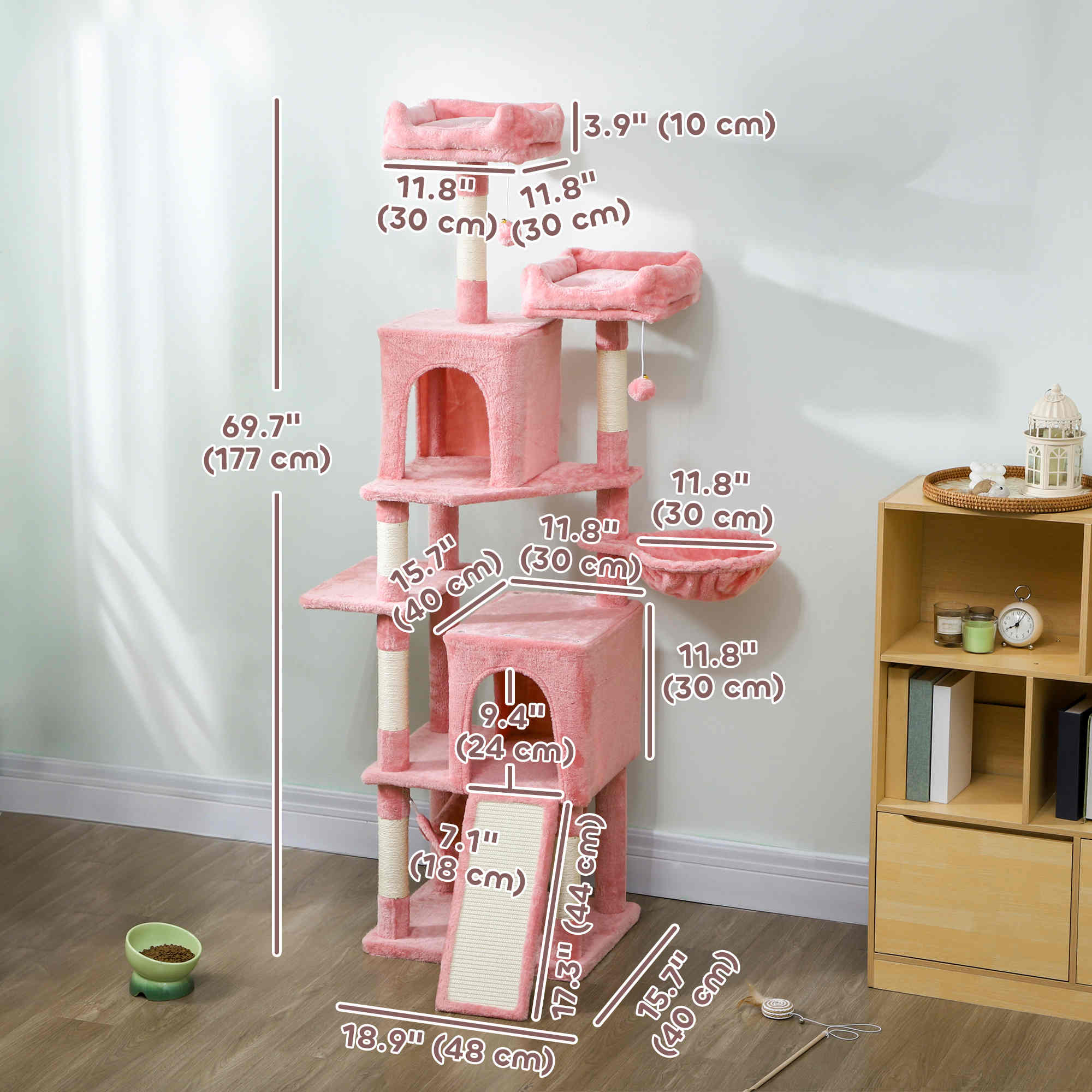 pawhut-arbre-chat-177-cm-2-niches-2-perchoirs-et-hamac-rose image 5