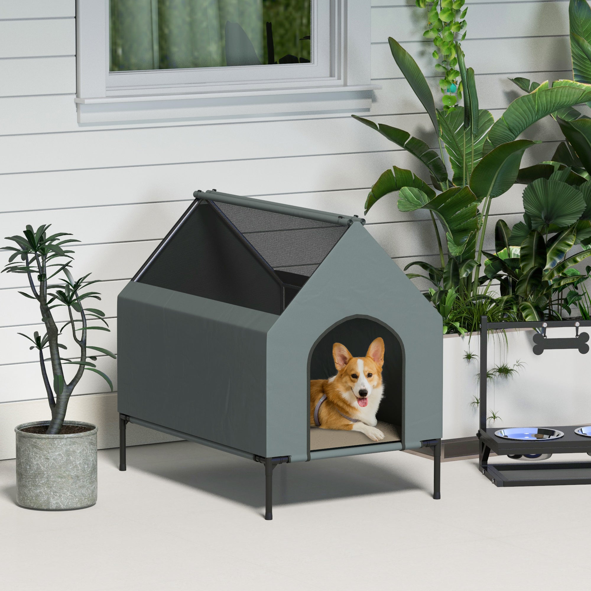 pawhut-niche-d-ext-rieur-sur-lev-e-convertible-en-lit-de-camping-gris image 3