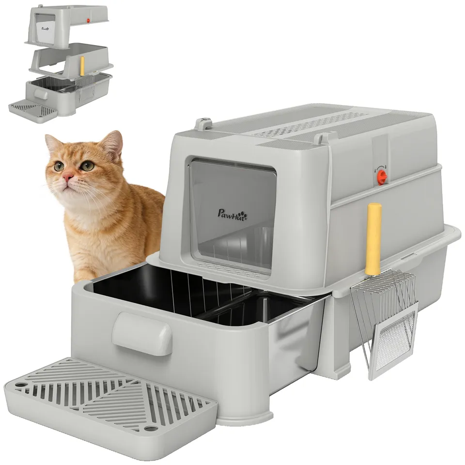 pawhut-bac-liti-re-inox-xl-avec-couvercle-et-tiroir-amovible-gris-clair image 1