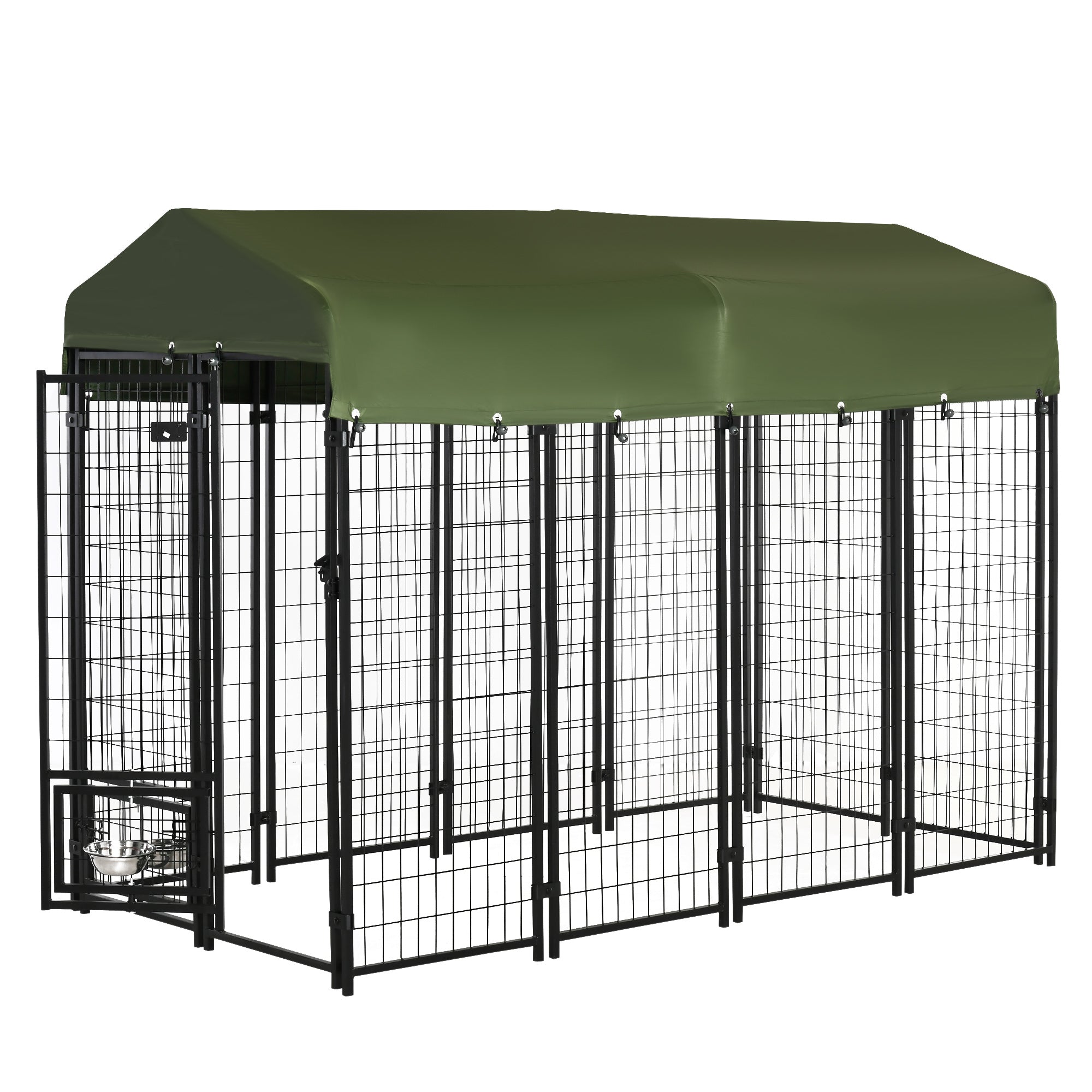 pawhut-chenil-chien-ext-rieur-acier-avec-toit-et-gamelles-vert image 2