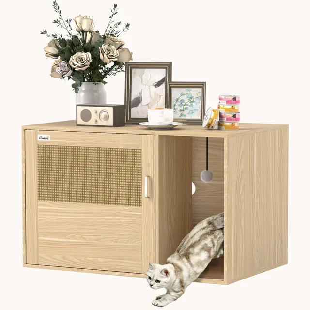 pawhut-meuble-pour-bac-liti-re-cach-avec-porte-en-rotin-et-tapis-griffer-31-5-x2 image 1