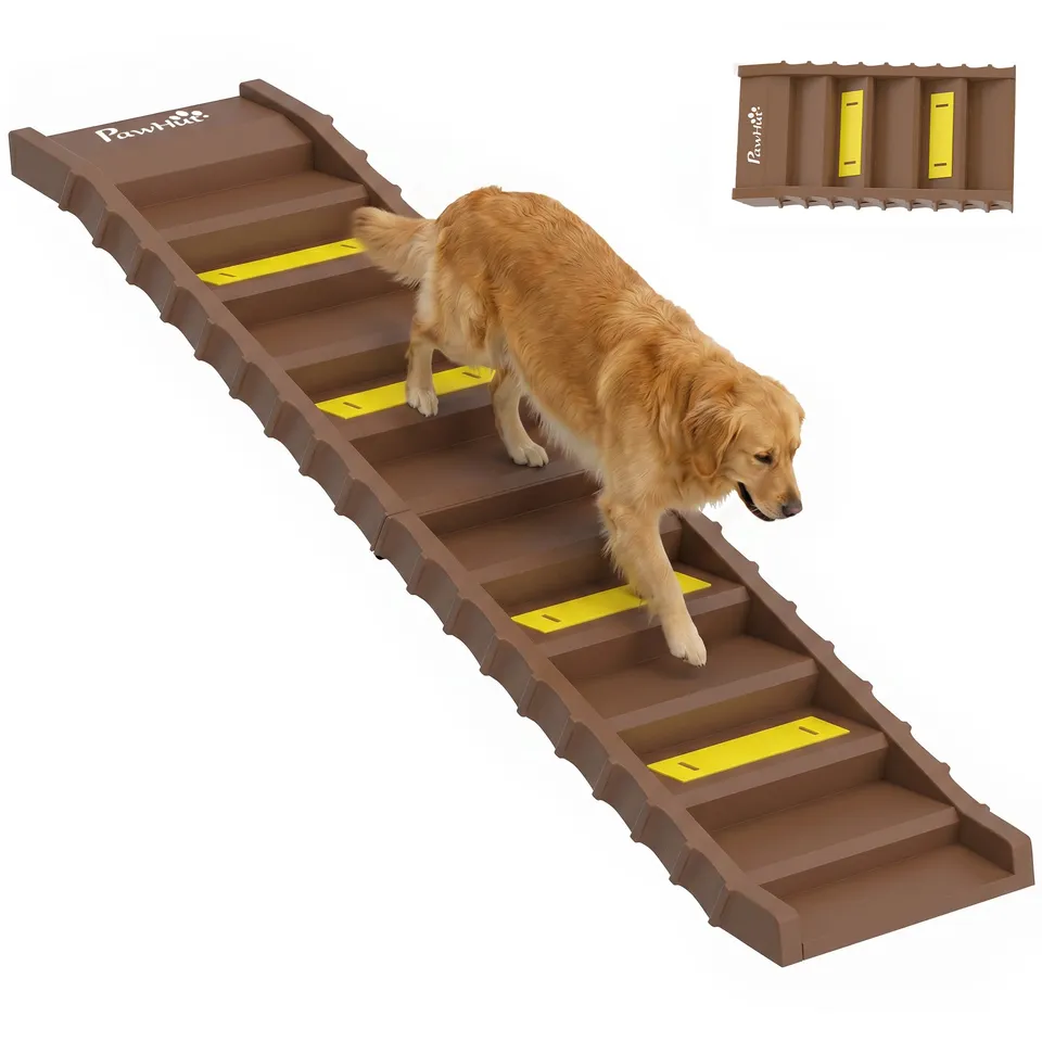 pawhut-rampe-pliable-10-marches-pour-chien-voiture-et-lit-haut-marron image 1