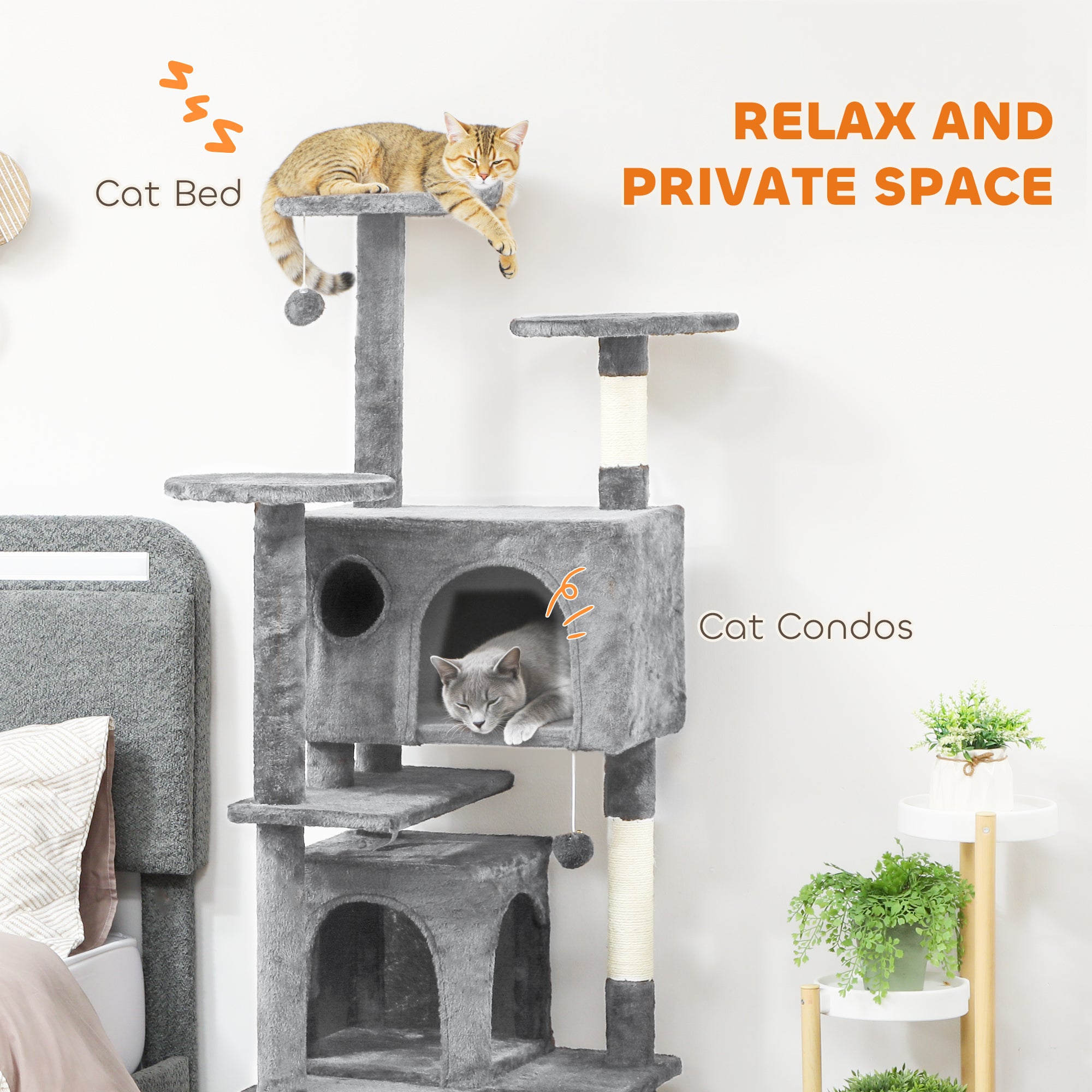 pawhut-arbre-chat-160-cm-avec-grifoire-rampe-deux-cabanes-et-panier-gris-clair image 7