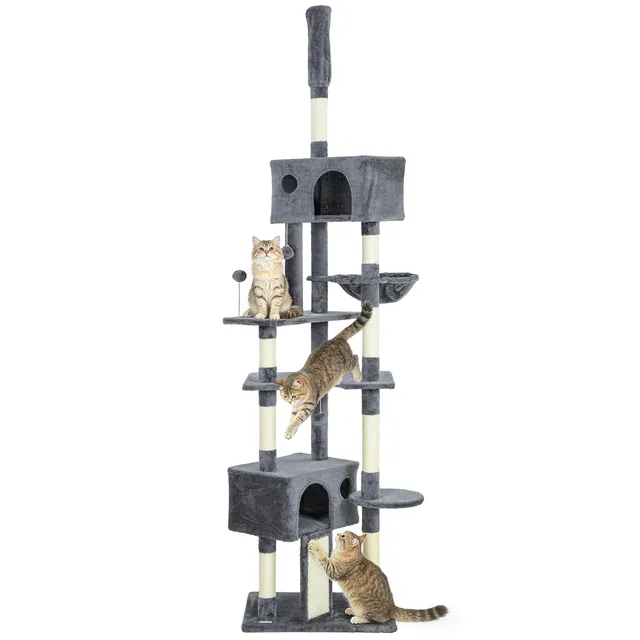 pawhut-arbre-chat-sol-plafond-230-250-cm-2-niches-hamac-gris-fonc image 1