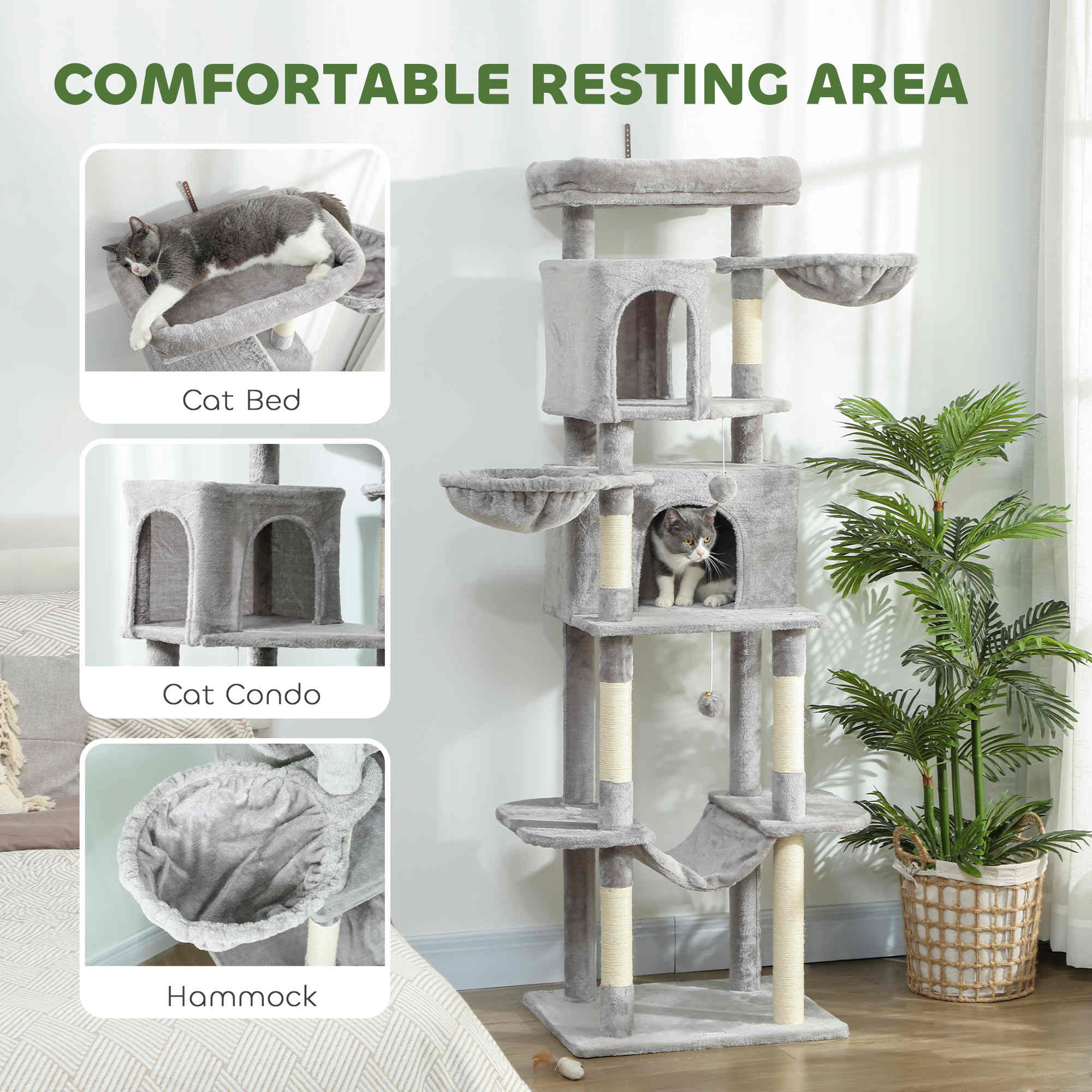 pawhut-arbre-chat-69-175-cm-avec-2-niches-3-hamacs-et-perchoirs-gris-clair image 7