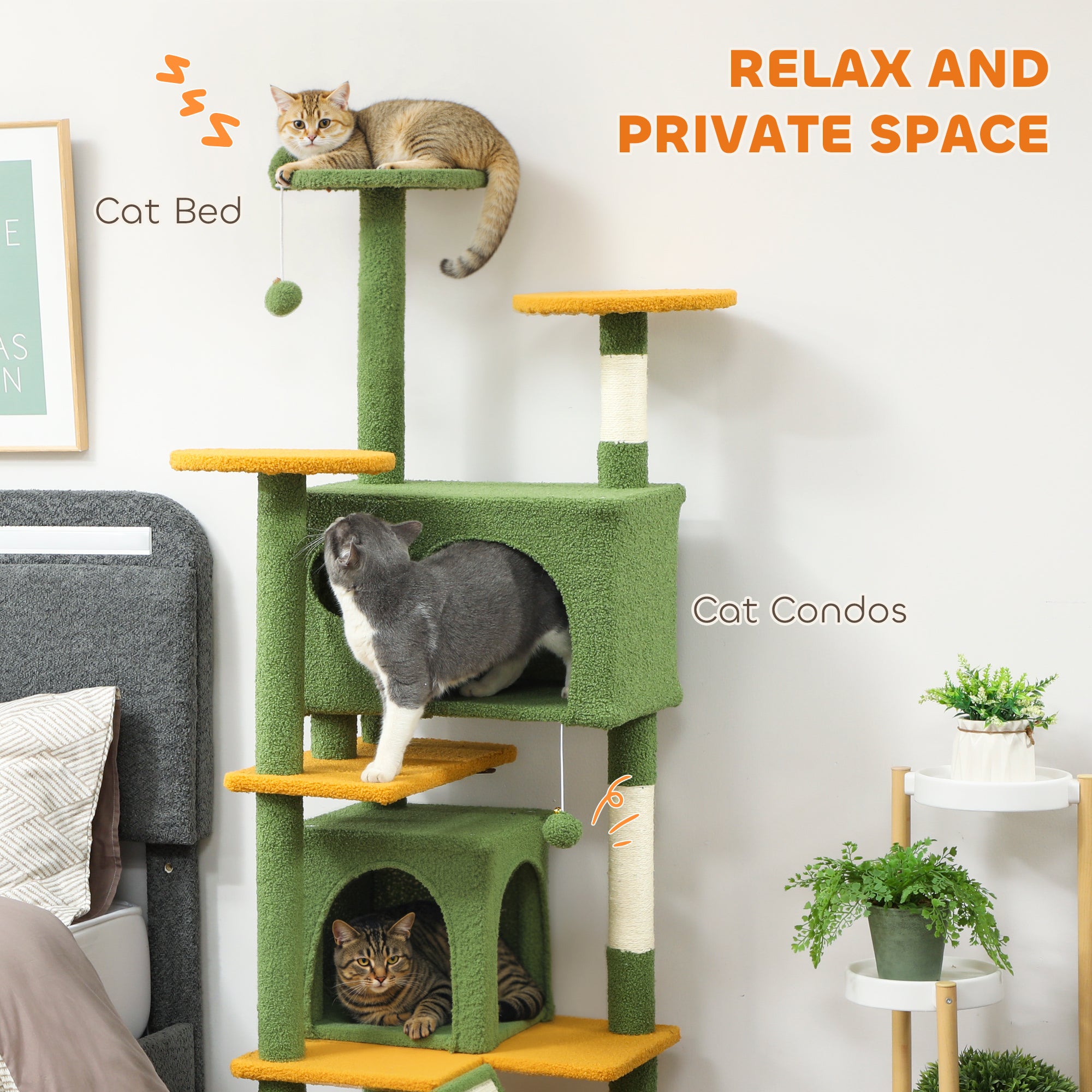 pawhut-arbre-chat-63-pouces-vert-avec-2-niches-lit-rampe-et-griffoirs image 7