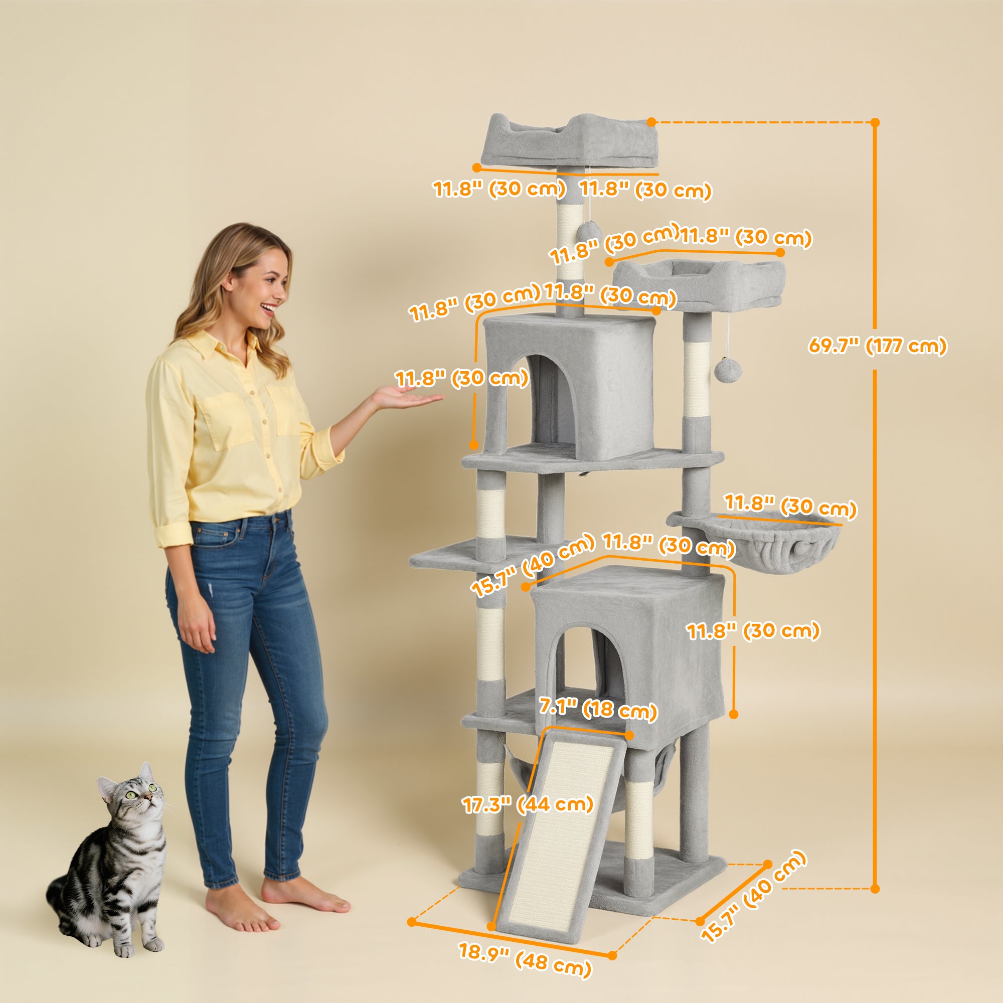 pawhut-arbre-chat-177-cm-avec-2-niches-2-perchoirs-et-hamac-gris-clair image 5