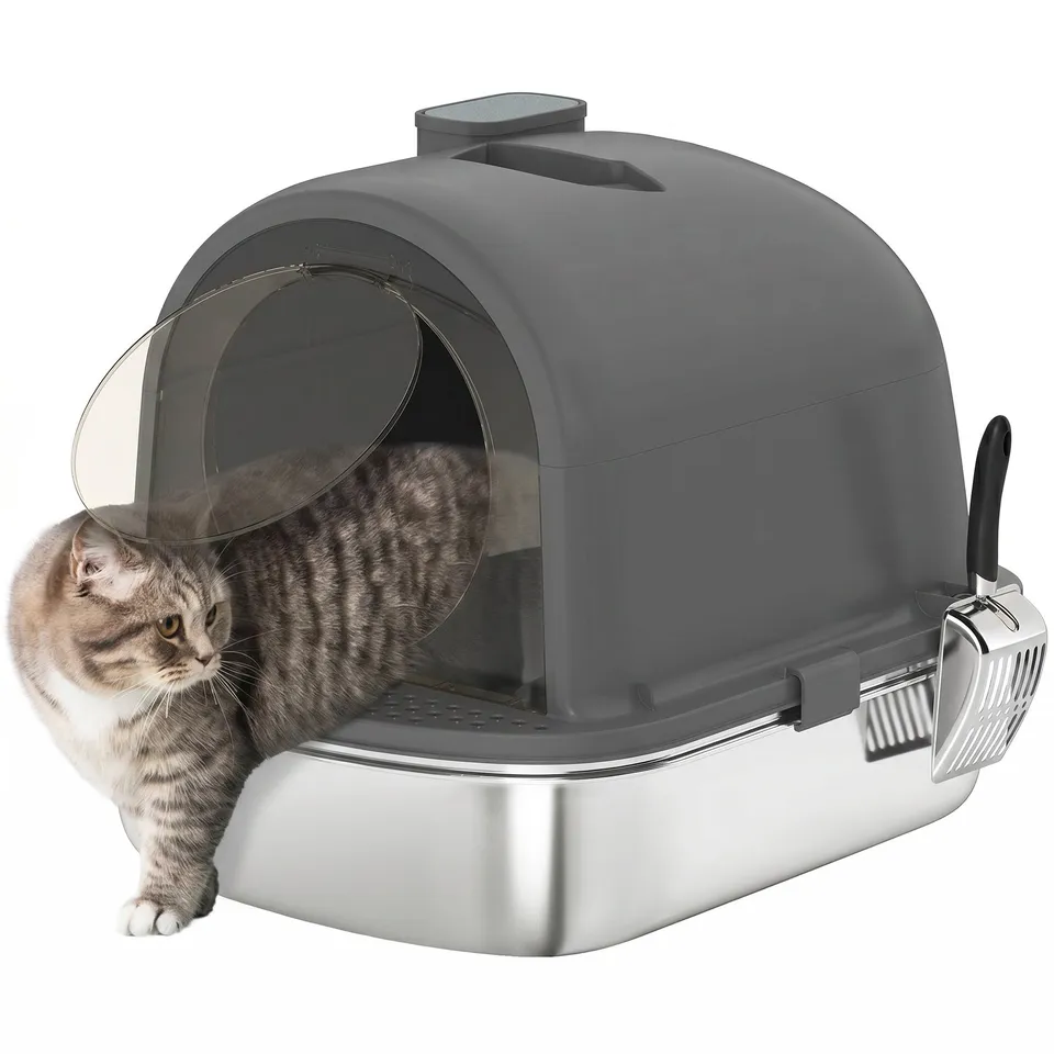 pawhut-bac-liti-re-chat-ferm-inox-avec-couvercle-pelle-et-d-sodorisant-gris-fonc image 1