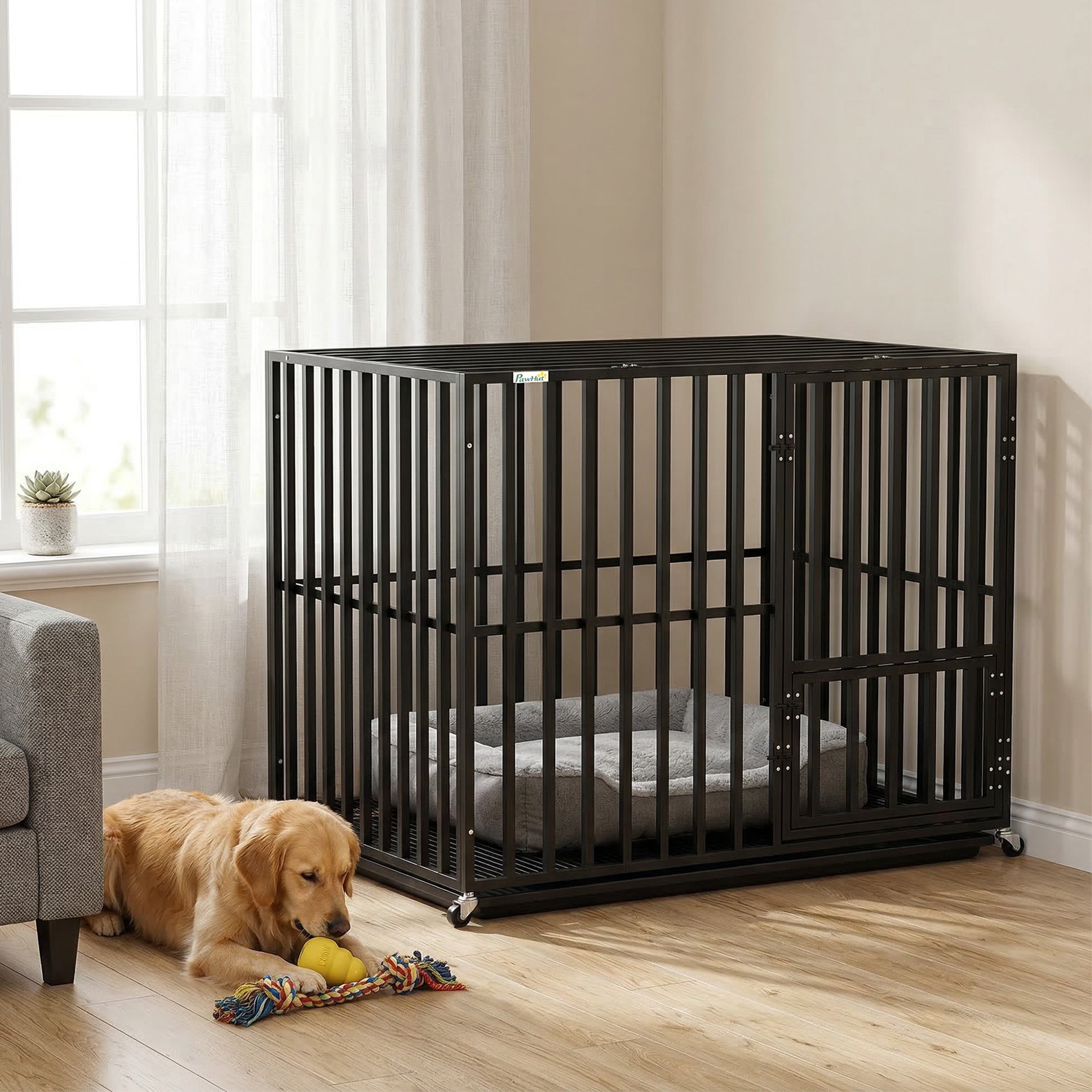 pawhut-cage-m-tallique-robuste-pour-chien-avec-roulettes-et-plateau-107-x-69-x-8 image 3
