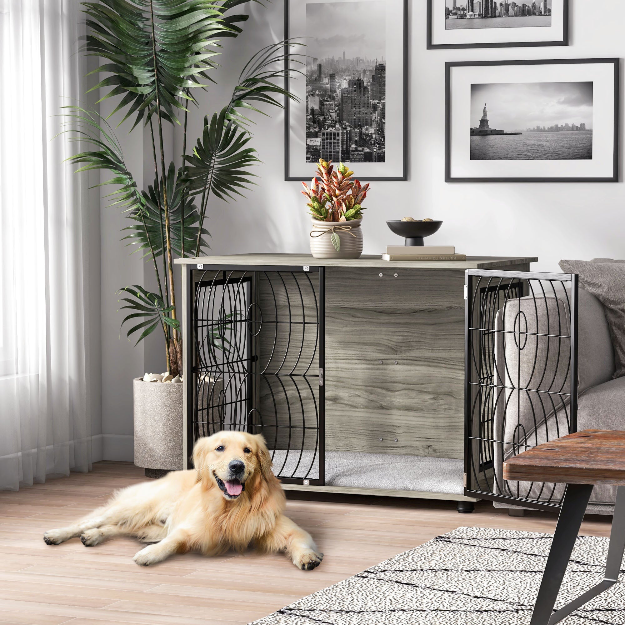 pawhut-table-d-appoint-cage-pour-chien-avec-coussin-pour-grands-animaux-gris image 3