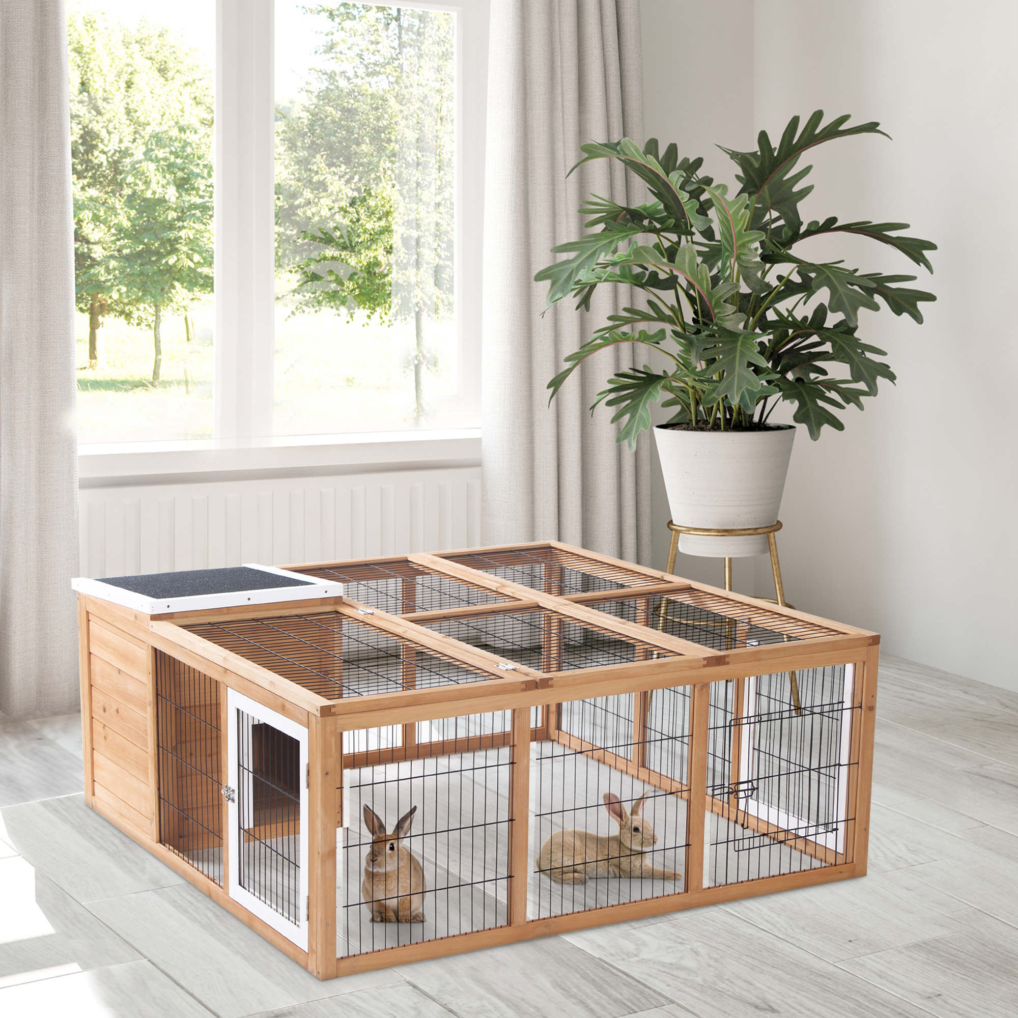 pawhut-clapier-lapin-en-bois-120-cm-haven-jaune-avec-toit-ouvrant-et-enclos image 4