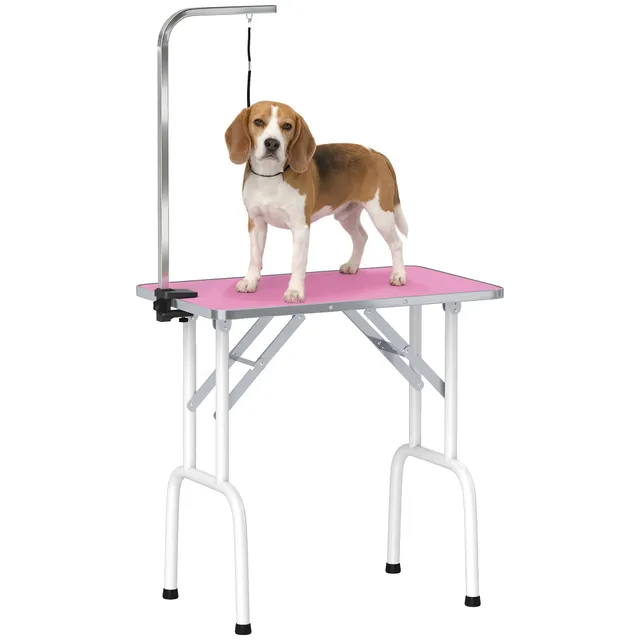 pawhut-table-de-toilettage-pliable-81-cm-rose-avec-bras-r-glable-et-surface-anti image 1