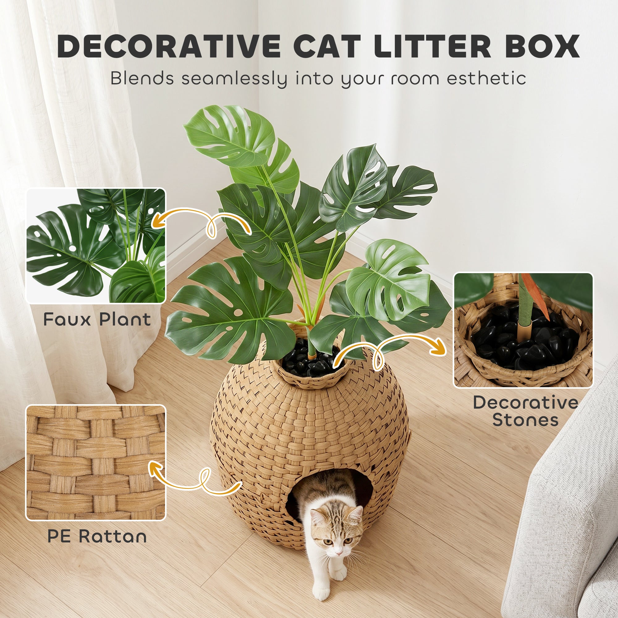 pawhut-meuble-liti-re-chat-cach-e-avec-fausse-plante-et-bac-inox image 7