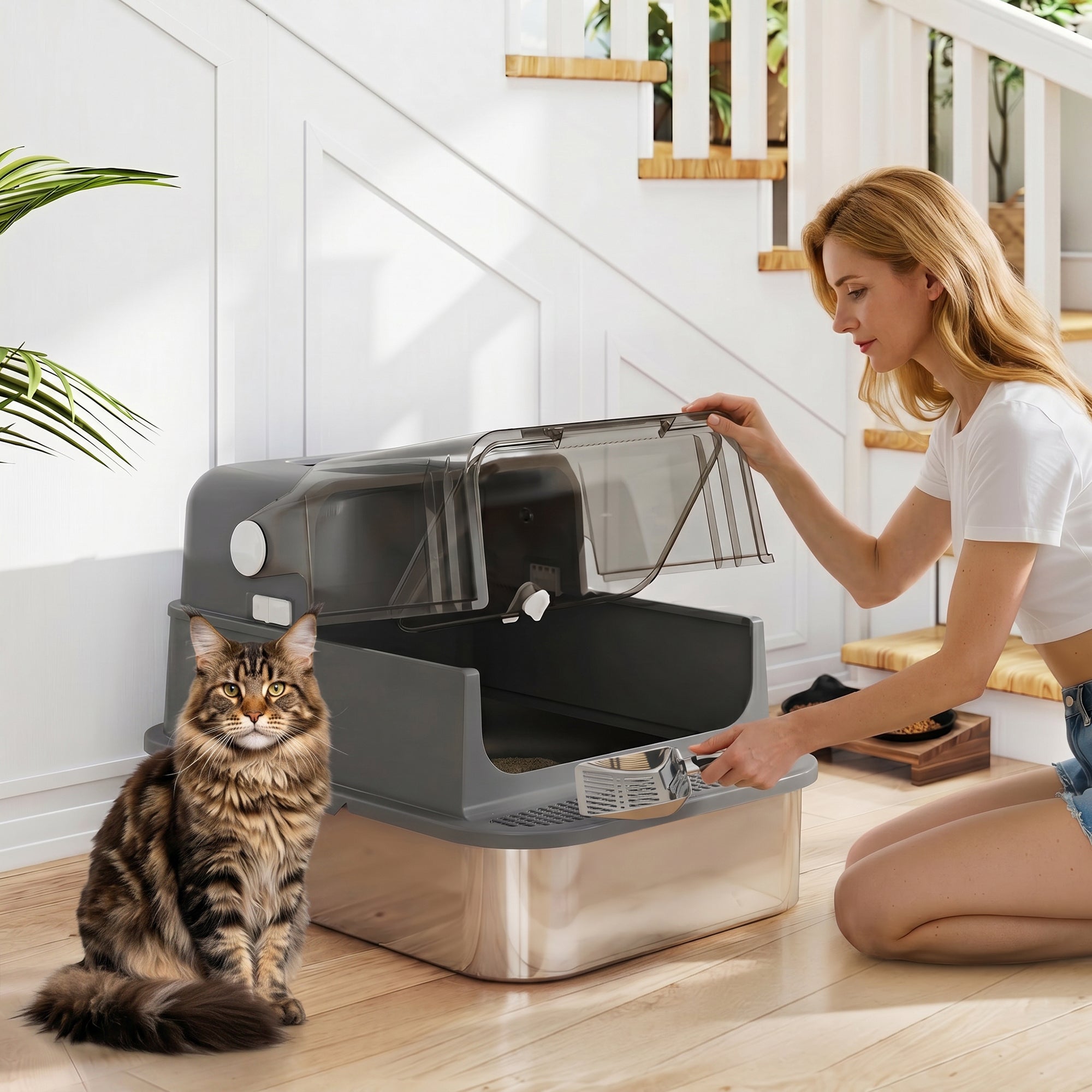 pawhut-bac-liti-re-chat-inox-xxl-ferm-avec-couvercle-70-cm-noir image 3