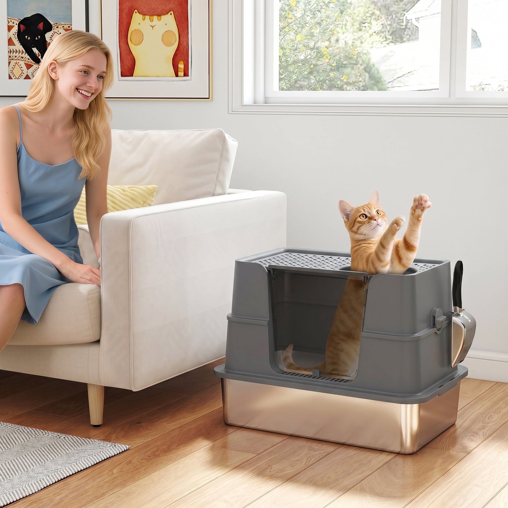 pawhut-liti-re-xl-en-acier-inoxydable-avec-couvercle-rabattable-100-et-pelle-gri image 4