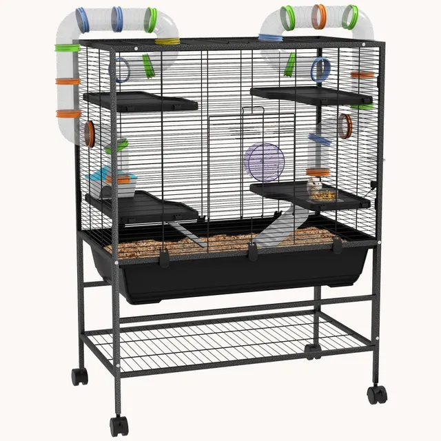 pawhut-cage-hamster-32-grande-avec-tag-re-de-rangement-et-syst-me-de-tubes-noire image 1