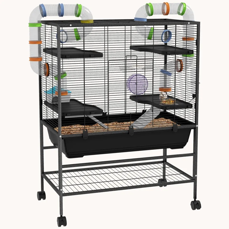 pawhut-cage-hamster-32-grande-avec-tag-re-de-rangement-et-syst-me-de-tubes-noire image 1