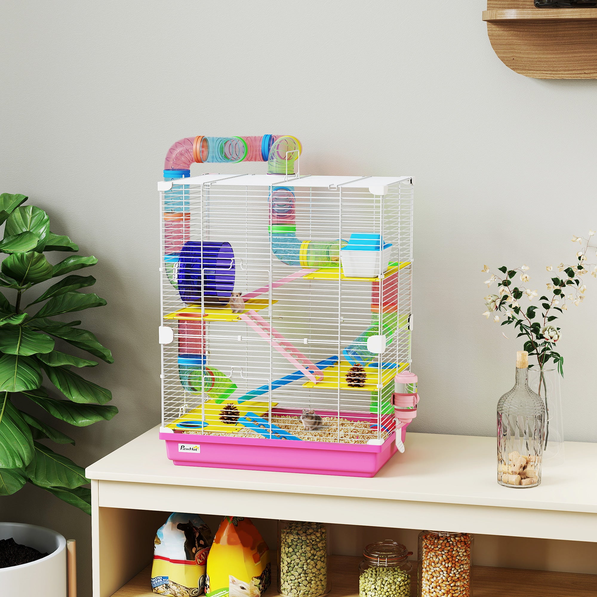 pawhut-cage-hamster-5-tages-rose-avec-roues-tunnel-et-accessoires image 3