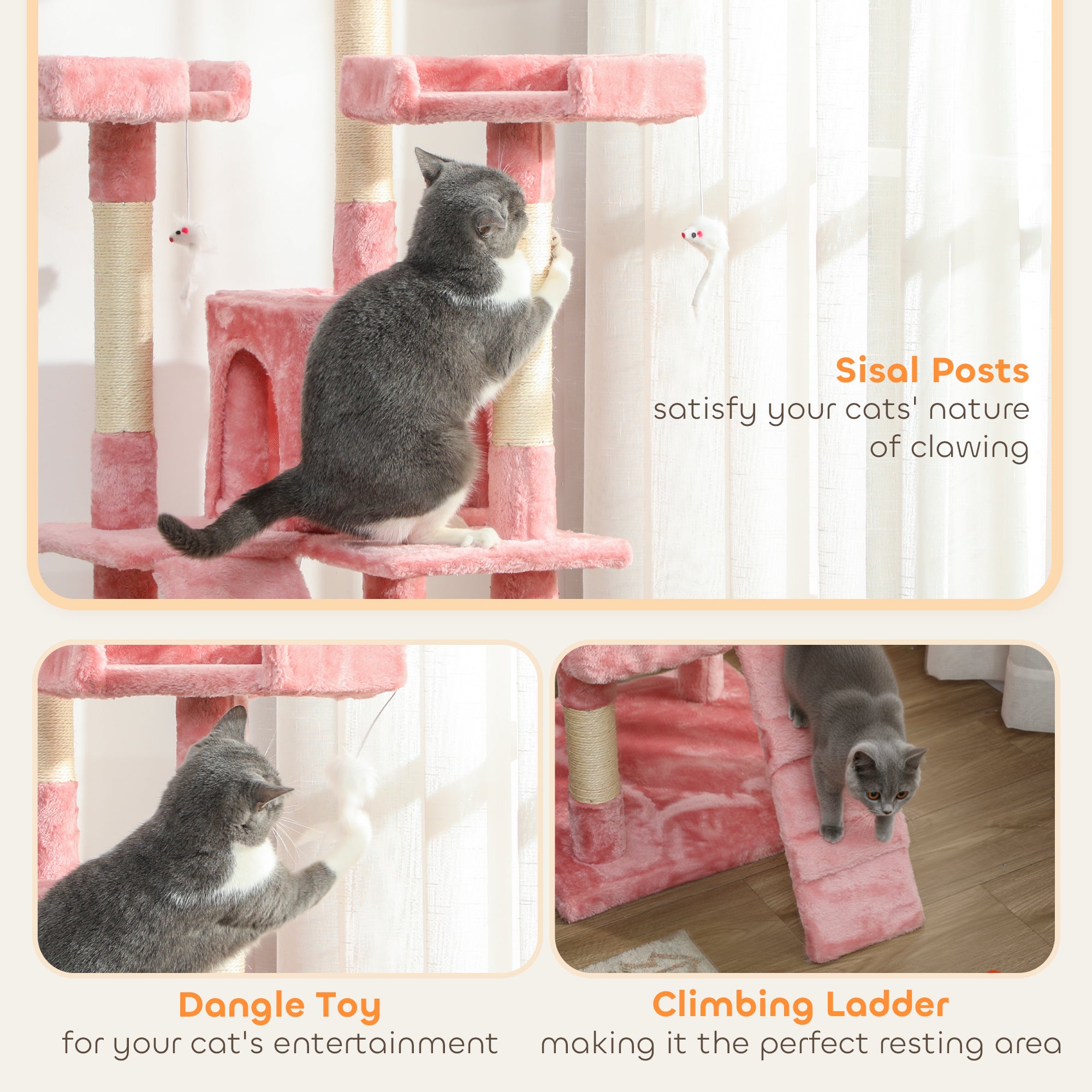 pawhut-arbre-chat-rose-68-multi-niveaux-avec-niches-griffoirs-et-perchoirs image 7