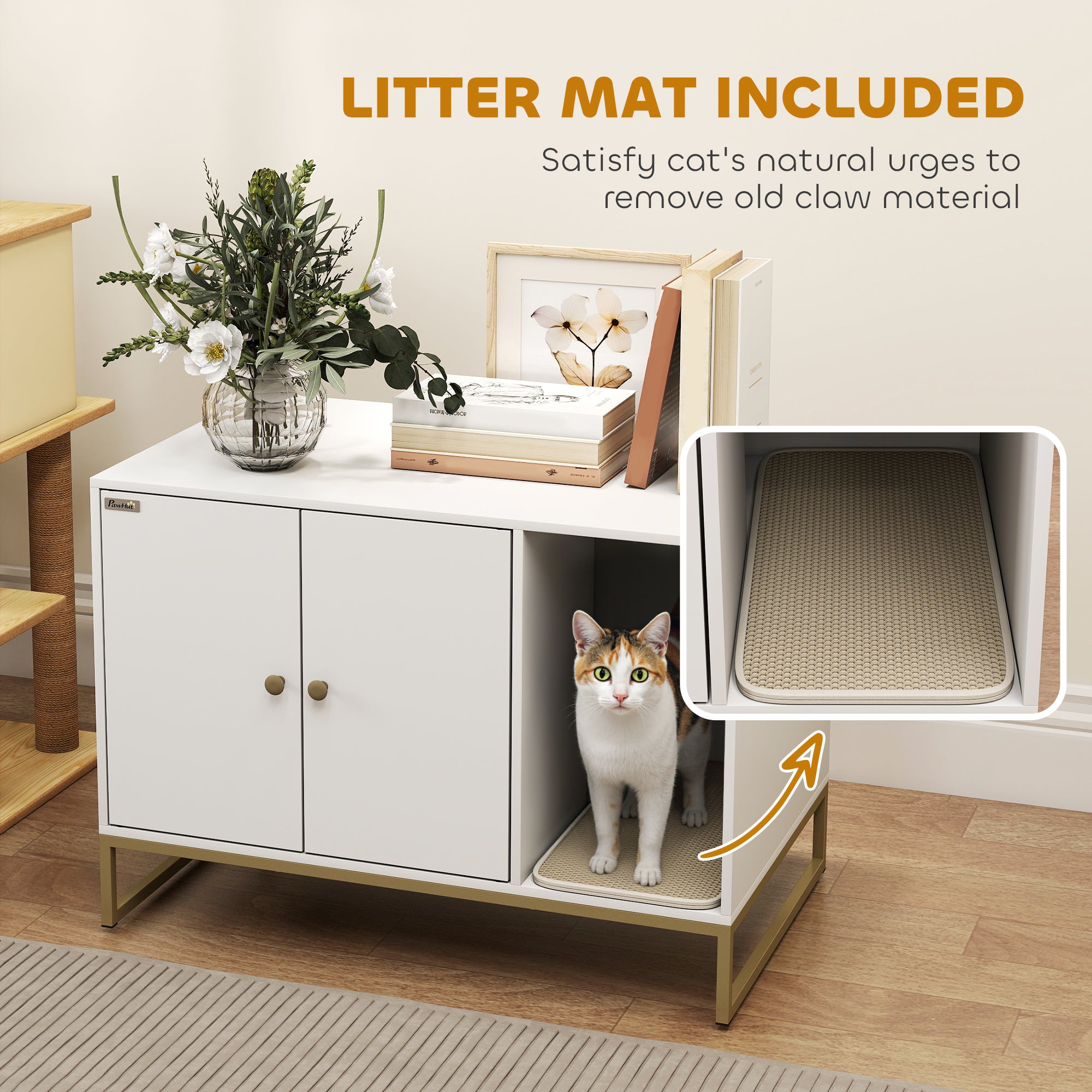 pawhut-meuble-liti-re-chat-cach-e-avec-tapis-et-rangement-blanc image 8