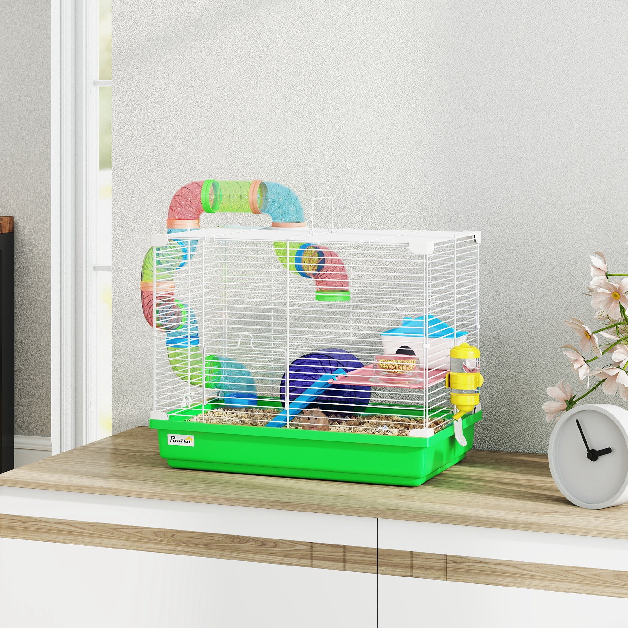 pawhut-cage-hamster-2-tages-avec-roue-maison-et-tunnel-vert image 4