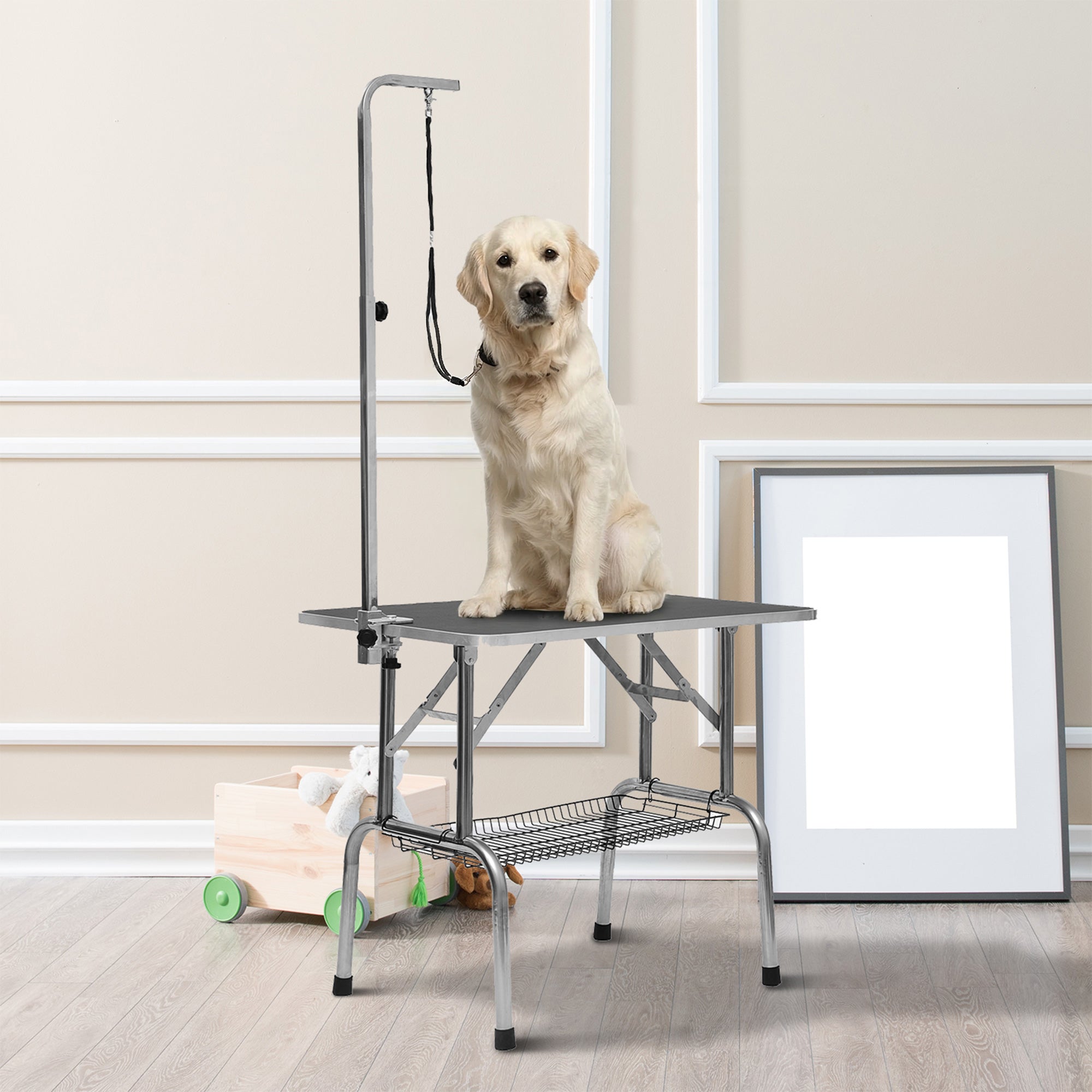 pawhut-table-de-toilettage-pliable-36-avec-bras-r-glable-et-tag-re-noire image 4