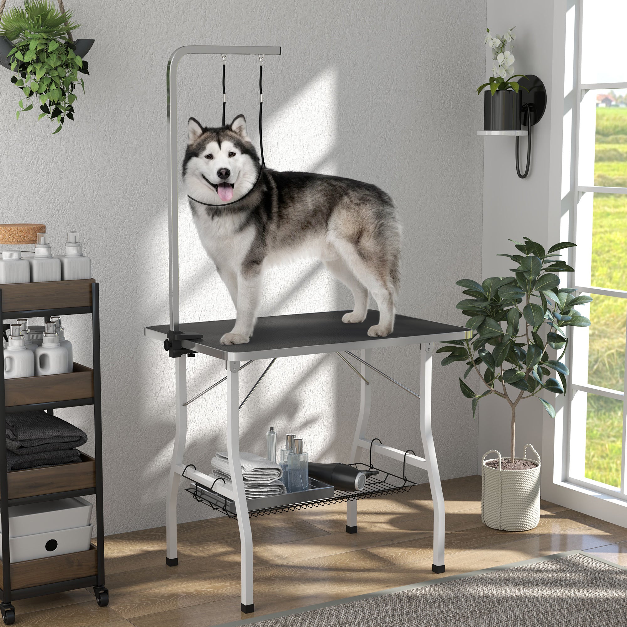 pawhut-table-de-toilettage-35-x24-x61-noire-bras-r-glable-plateau-caoutchouc-et- image 4