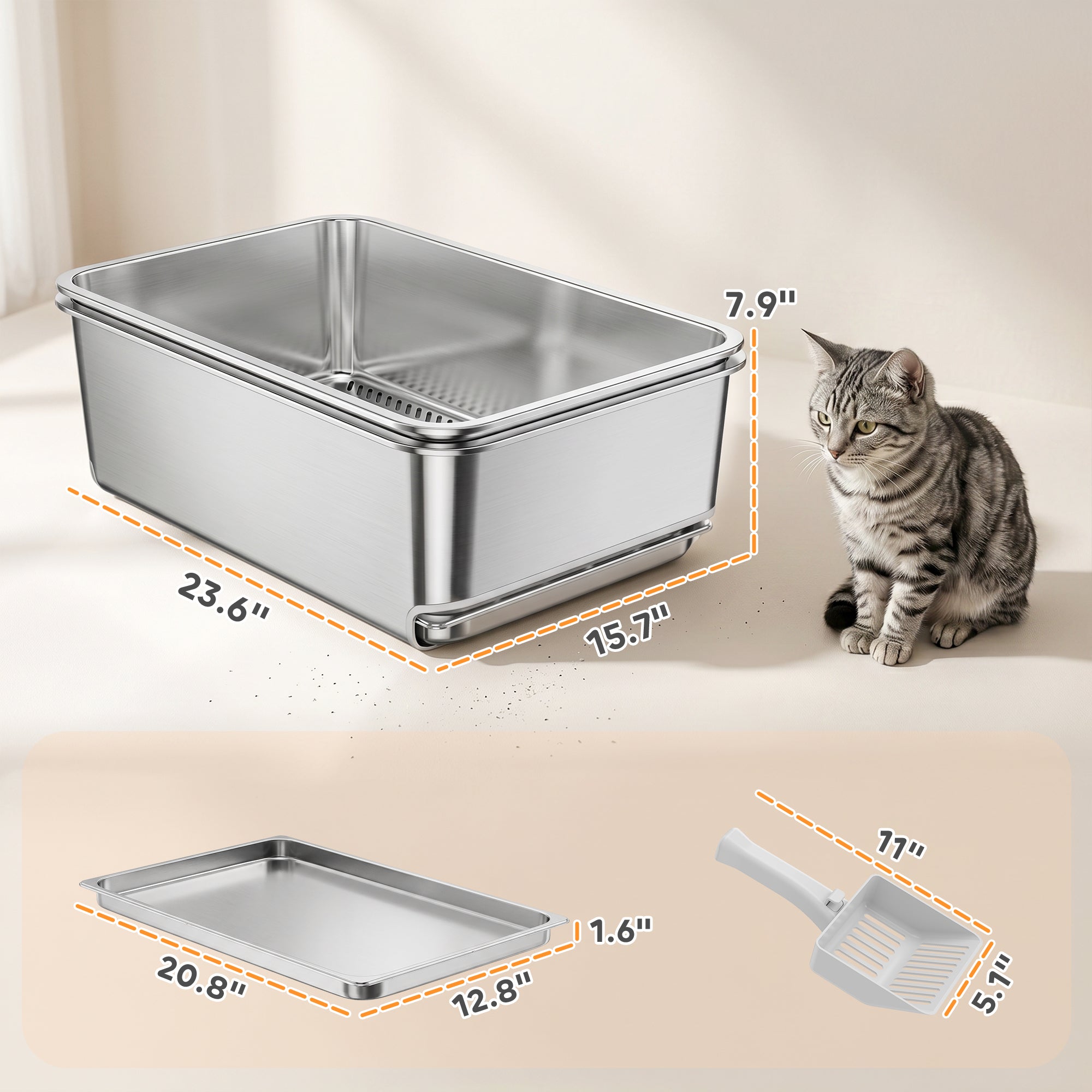 pawhut-bac-liti-re-pour-chat-tamisant-xl-en-acier-inoxydable-bords-hauts-argent image 5