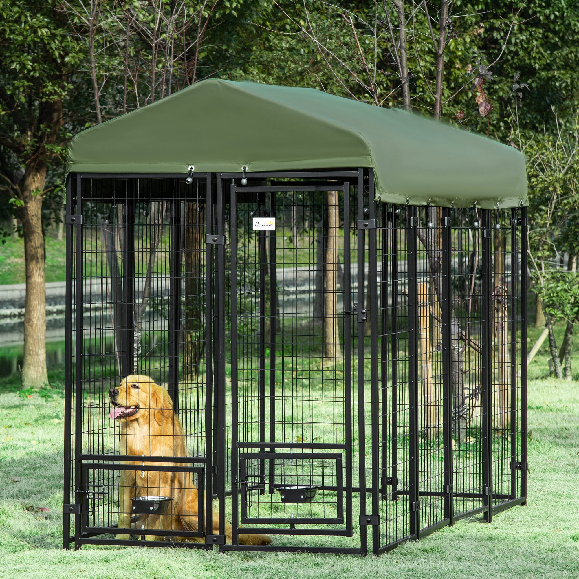pawhut-chenil-chien-ext-rieur-acier-avec-toit-et-gamelles-vert image 4