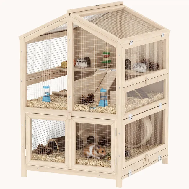 pawhut-cage-hamster-bois-3-tages-avec-s-parateur-naturel-68x61x90-cm image 1