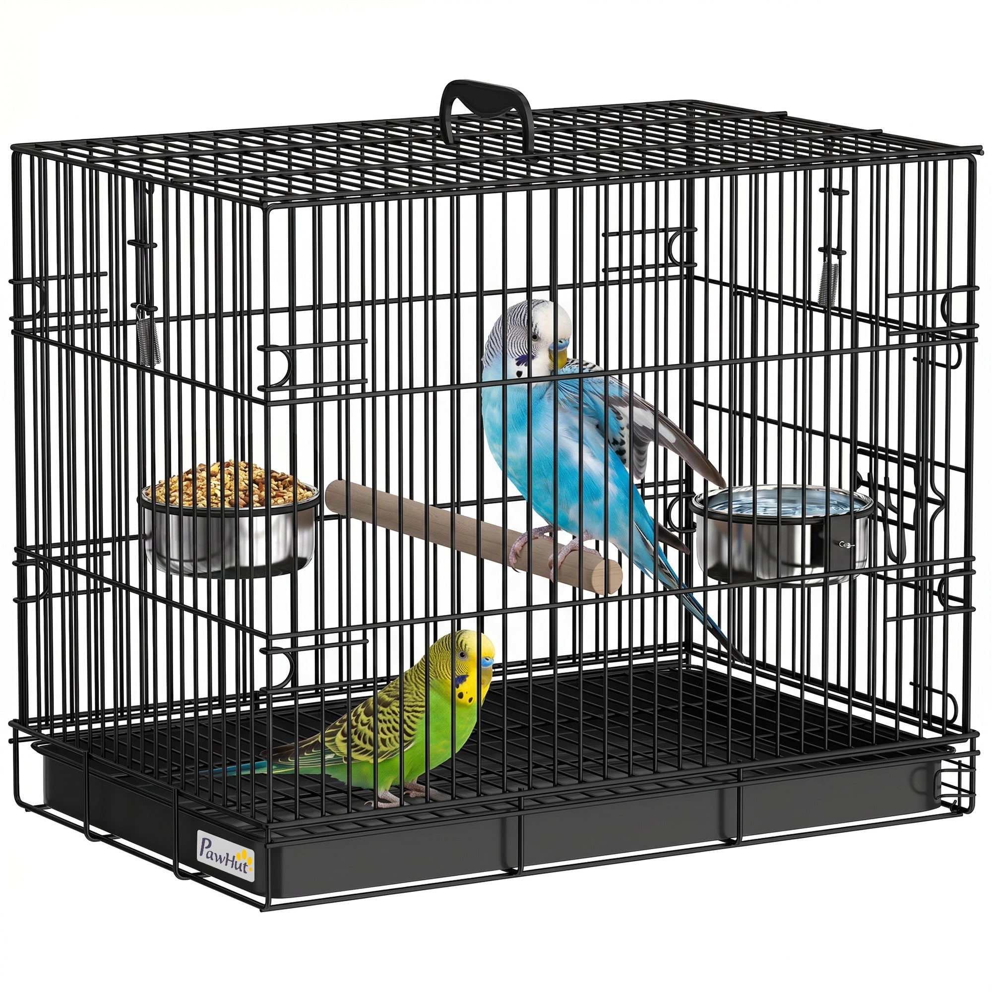 pawhut-cage-de-transport-pour-oiseau-pliable-en-m-tal-noir-perchoir-en-bois-game image 1