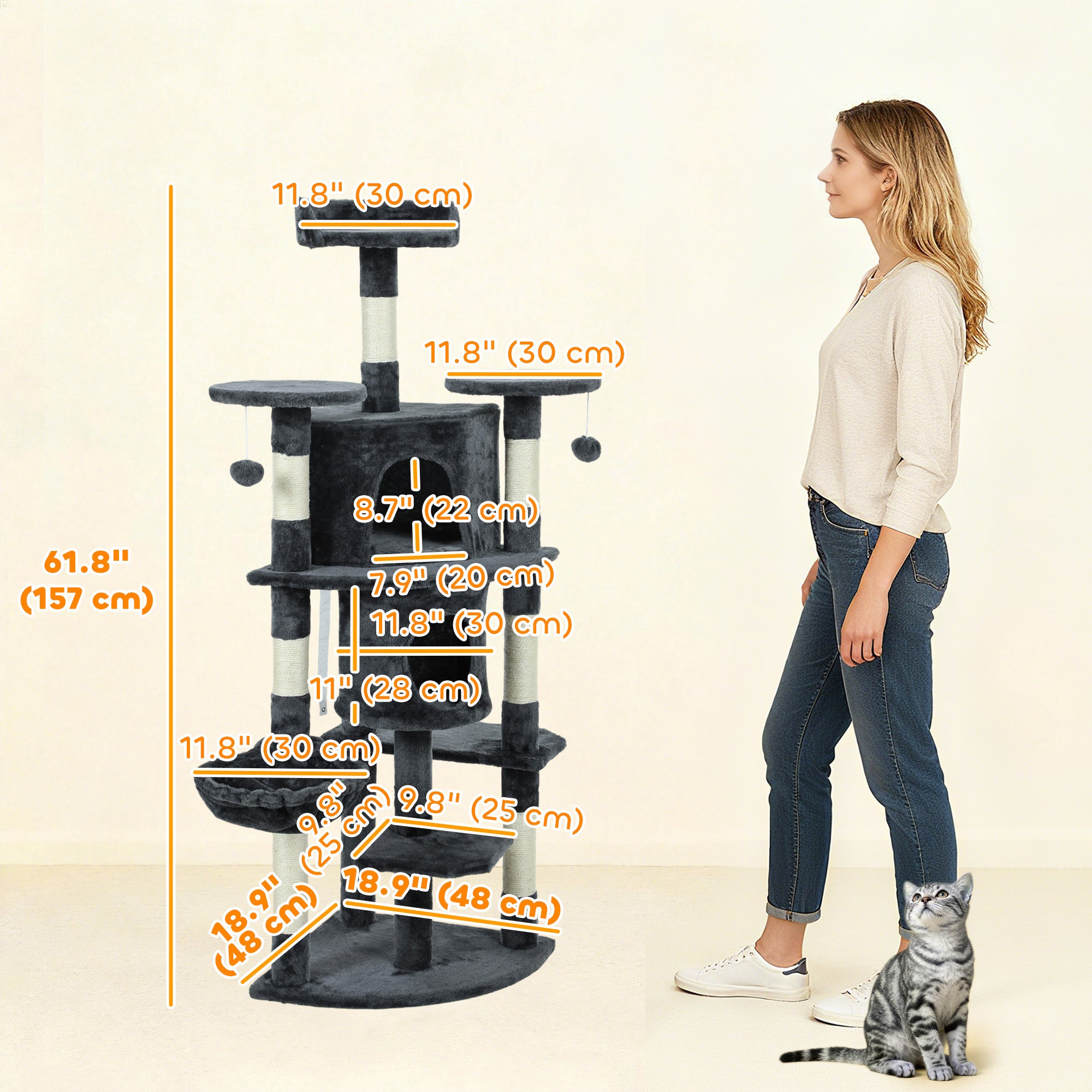 pawhut-arbre-chat-157-cm-2-niches-hamac-et-perchoirs-gris-fonc image 5