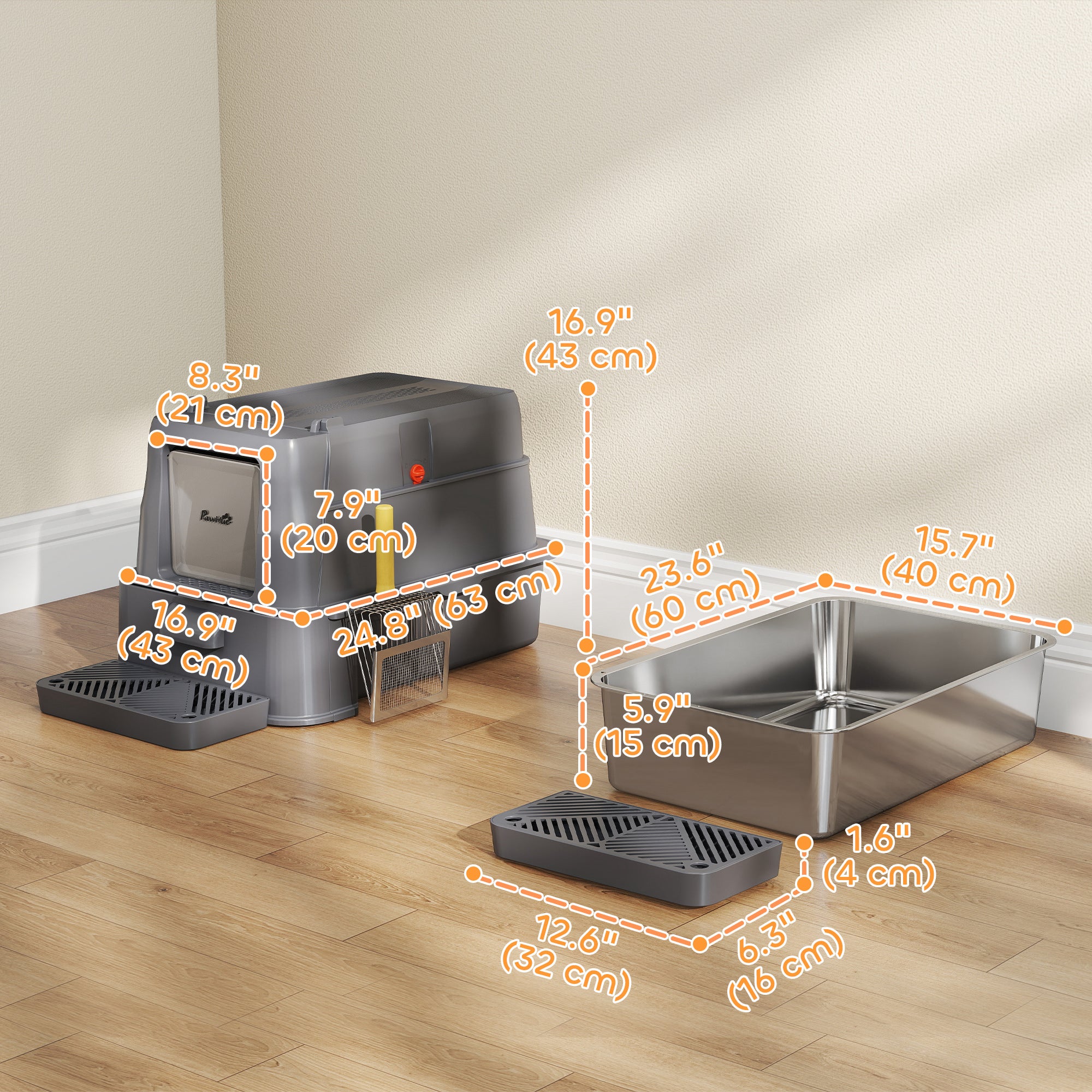 pawhut-bac-liti-re-xl-inox-avec-couvercle-et-tiroir-coulissant-gris-fonc image 5