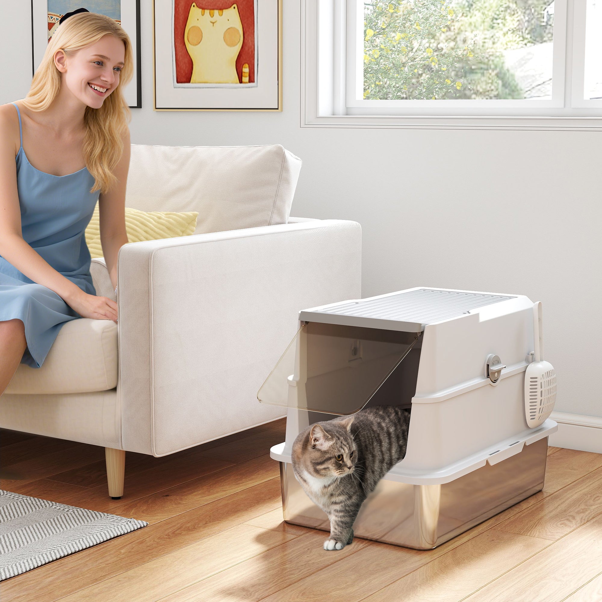 pawhut-bac-liti-re-pour-chat-xl-ferm-en-inox-avec-d-sodorisant image 4