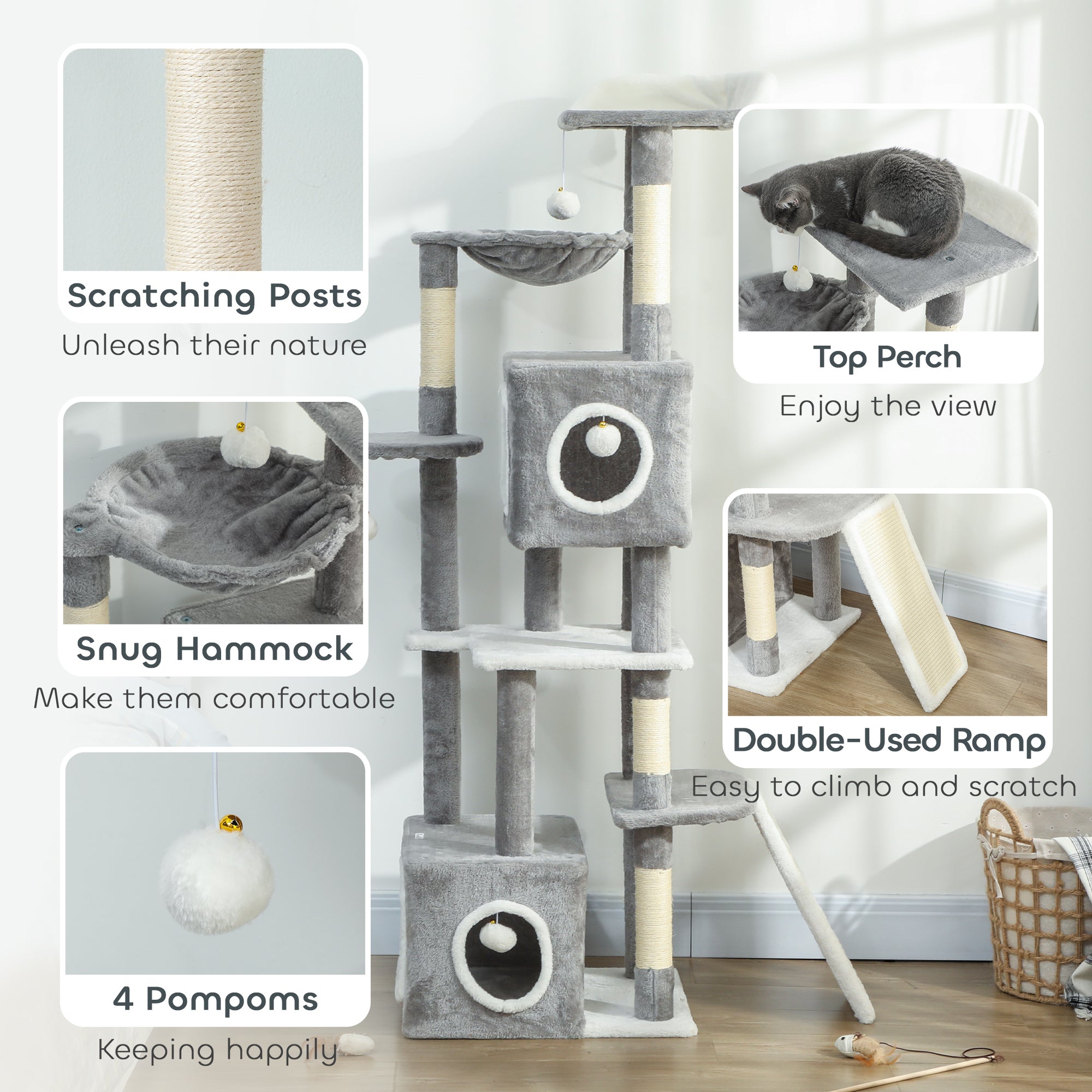 pawhut-arbre-chat-gris-65-165-cm-avec-2-niches-hamac-rampe-et-perchoir image 8