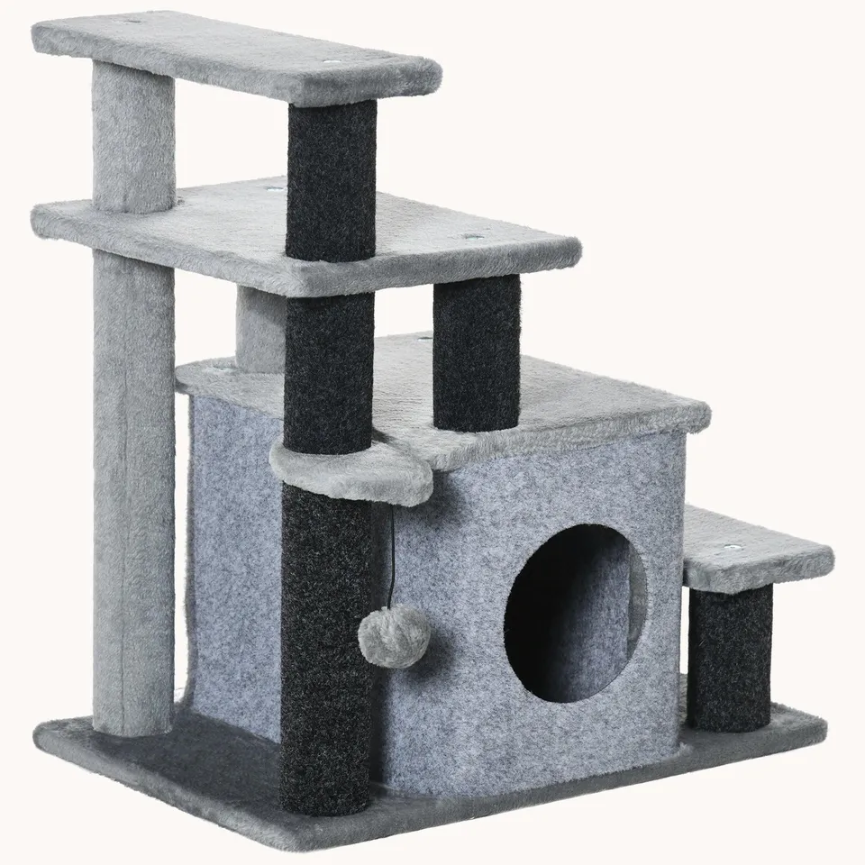 pawhut-escaliers-chat-3-4-marches-gris-avec-griffoir-et-balle image 1
