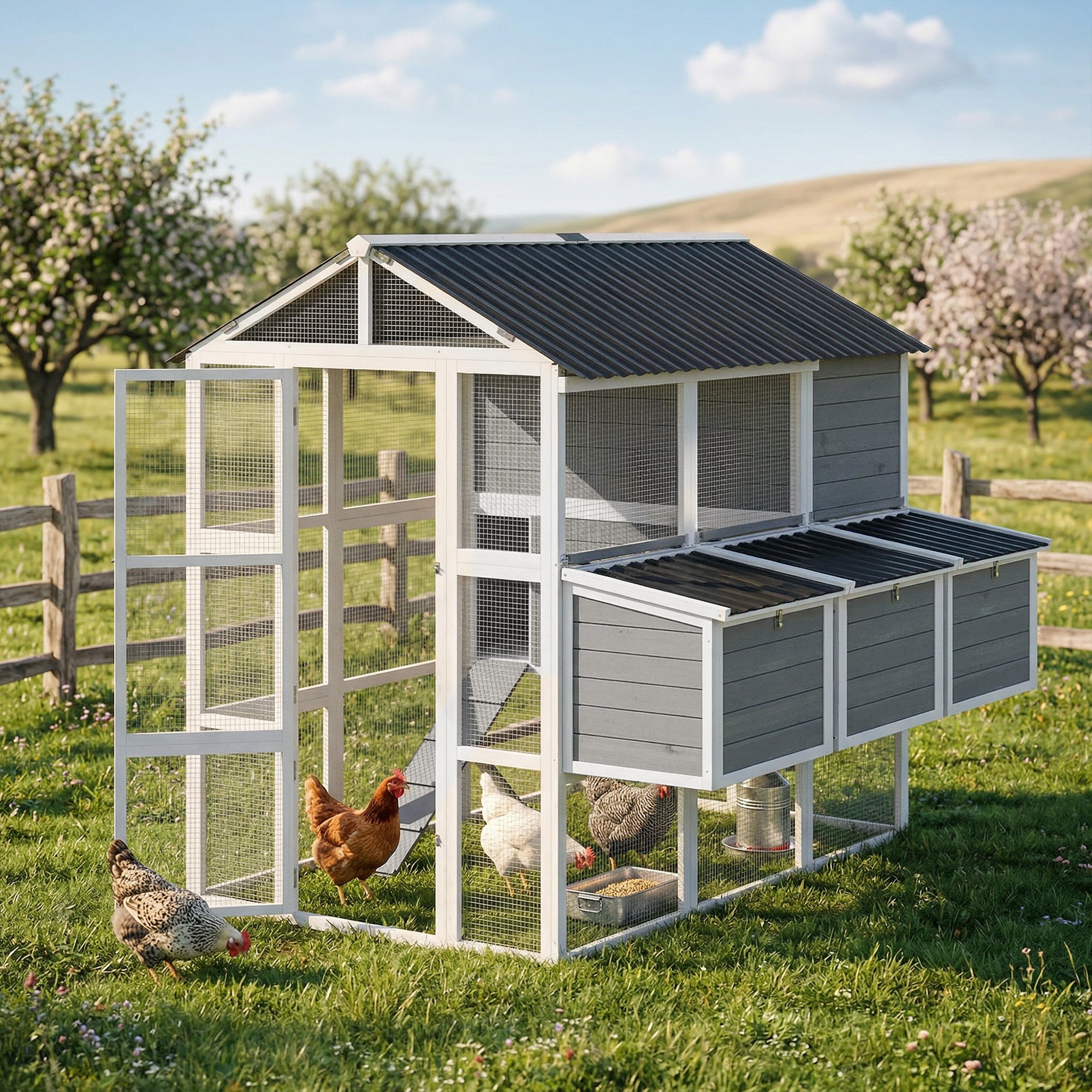 pawhut-grand-poulailler-en-bois-77-avec-enclos-pour-6-8-poules-3-pondoirs-gris image 3