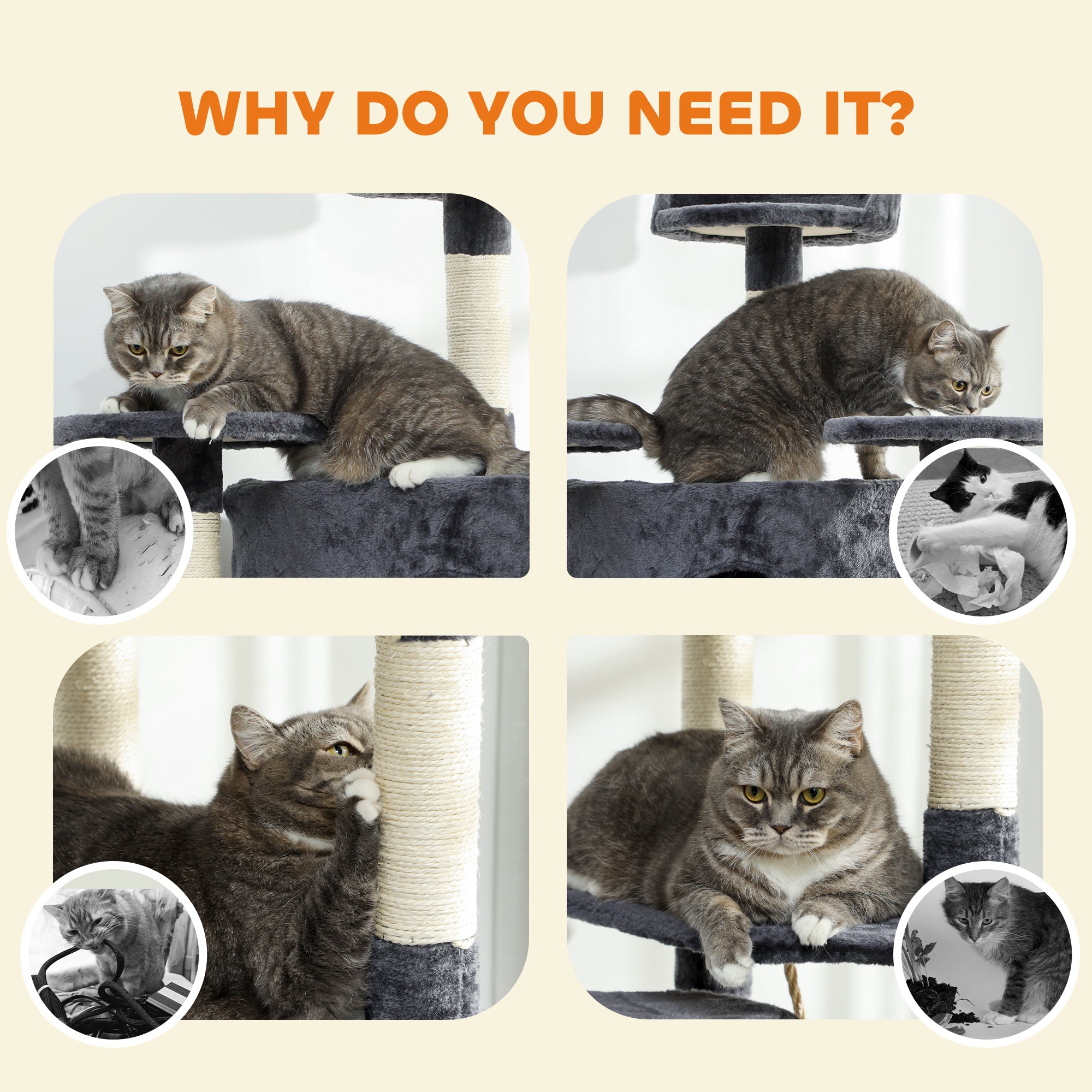 pawhut-arbre-chat-tour-200-cm-avec-niche-2-hamacs-gris-fonc image 8
