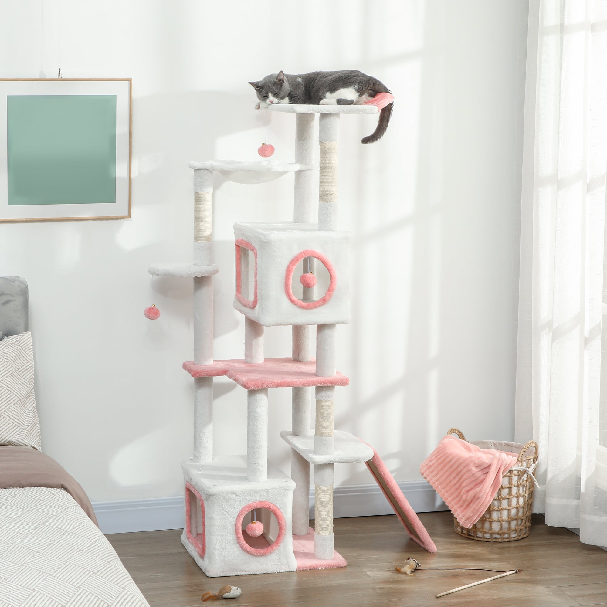 pawhut-arbre-chat-165-cm-blanc-avec-2-niches-hamac-rampe-et-perchoir image 3