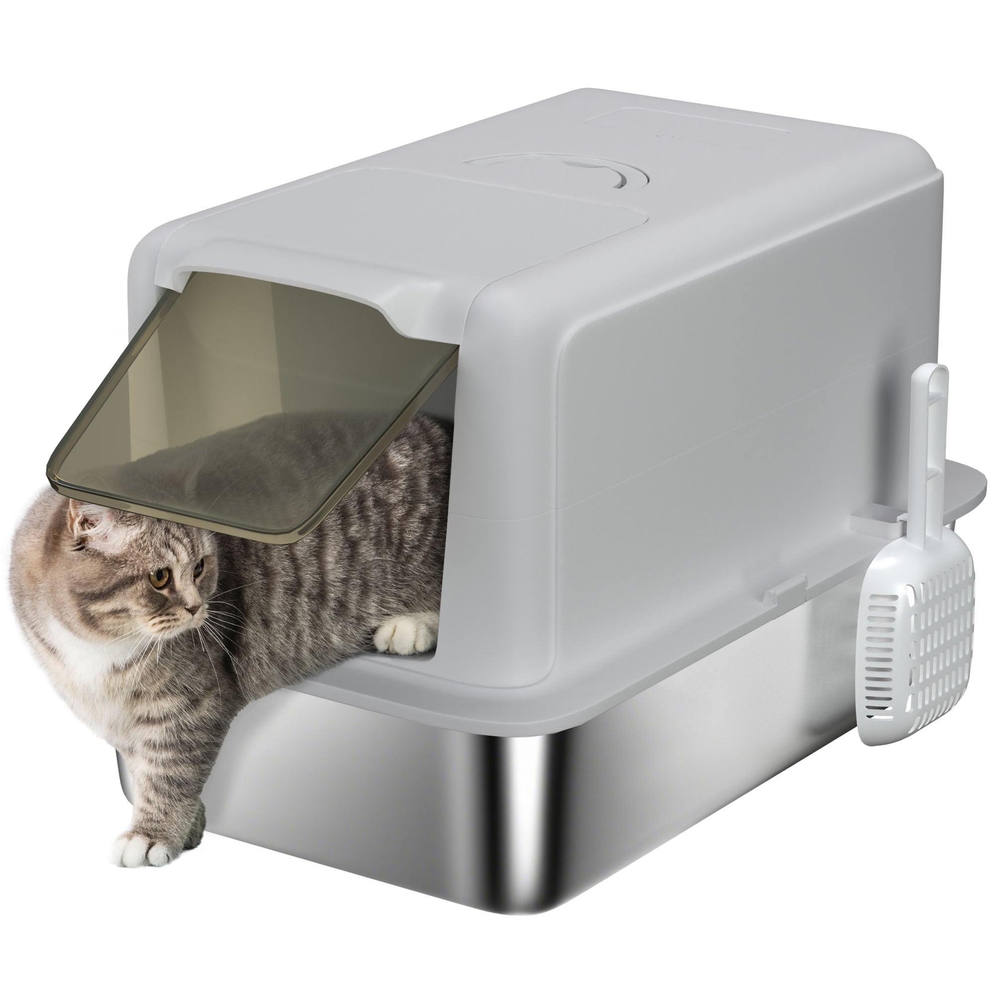pawhut-bac-liti-re-chat-extra-large-inox-avec-couvercle-pelle-filtre-et-sacs image 1