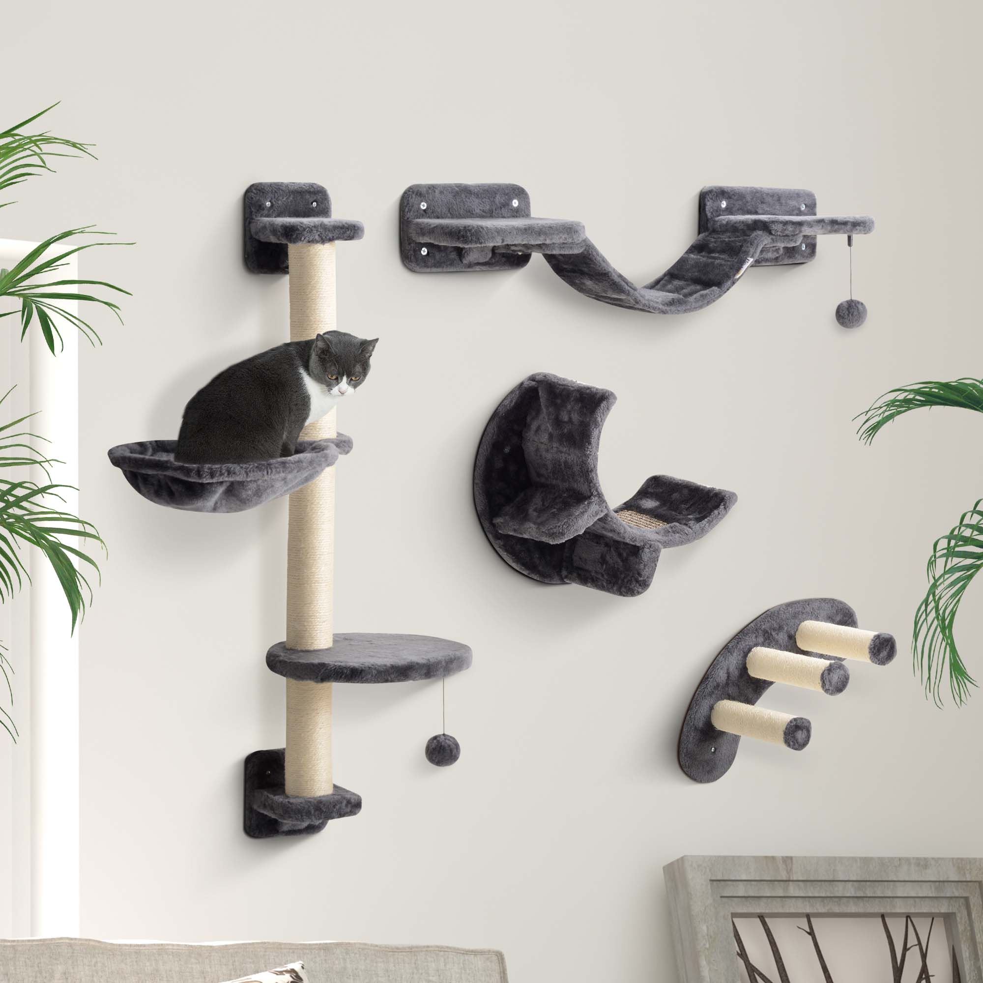 pawhut-parcours-mural-chat-4-pi-ces-gris-avec-hamac-et-griffoirs image 3
