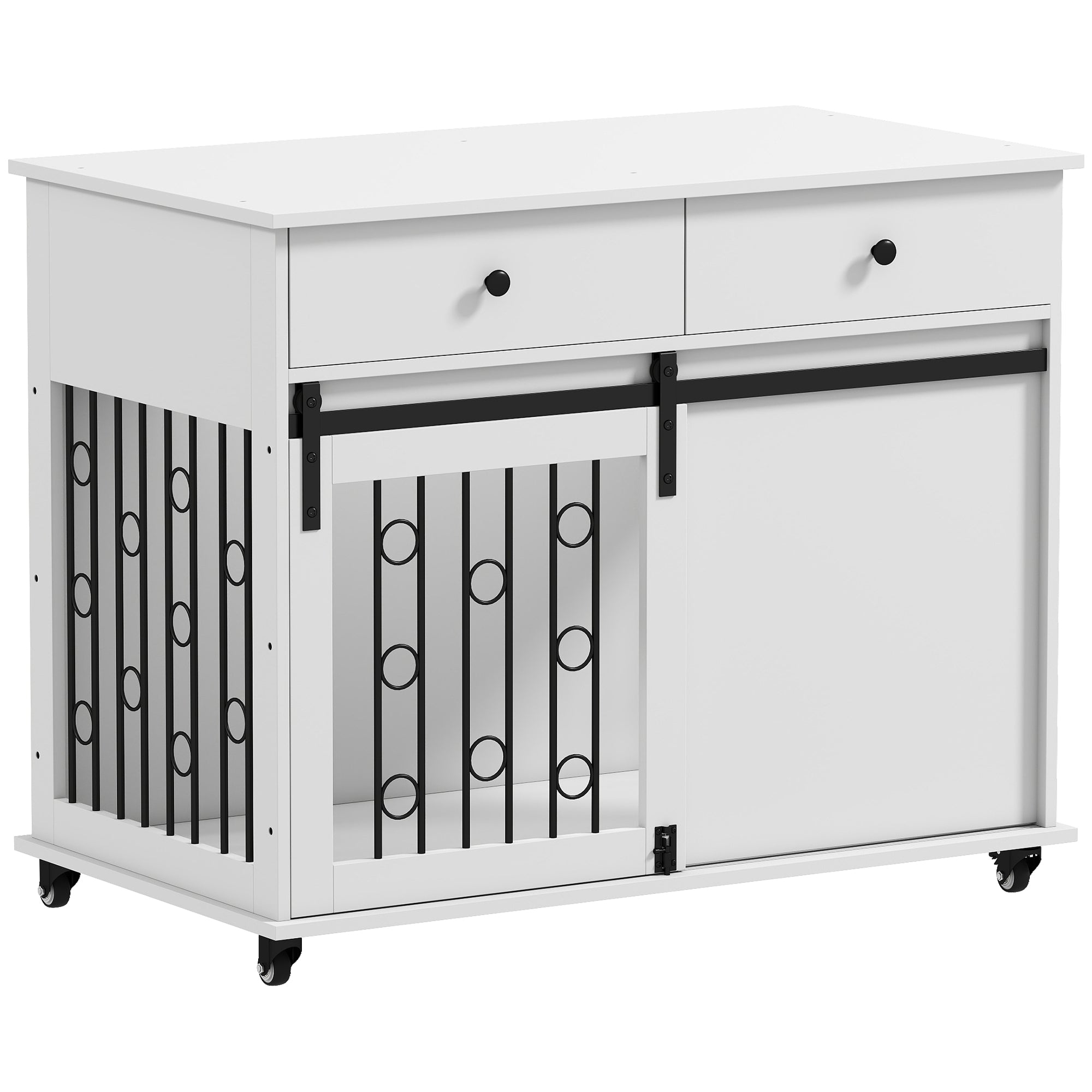 pawhut-meuble-cage-pour-chien-avec-2-tiroirs-roulettes-et-porte-coulissante-blan image 2