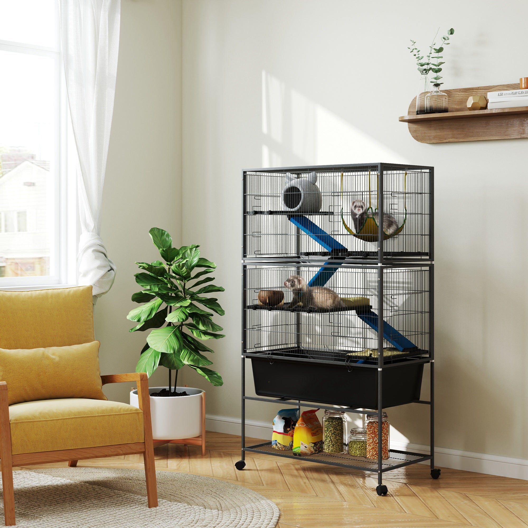 pawhut-cage-5-niveaux-pour-petits-animaux-avec-hamac-et-roulettes-gris-charbon image 3