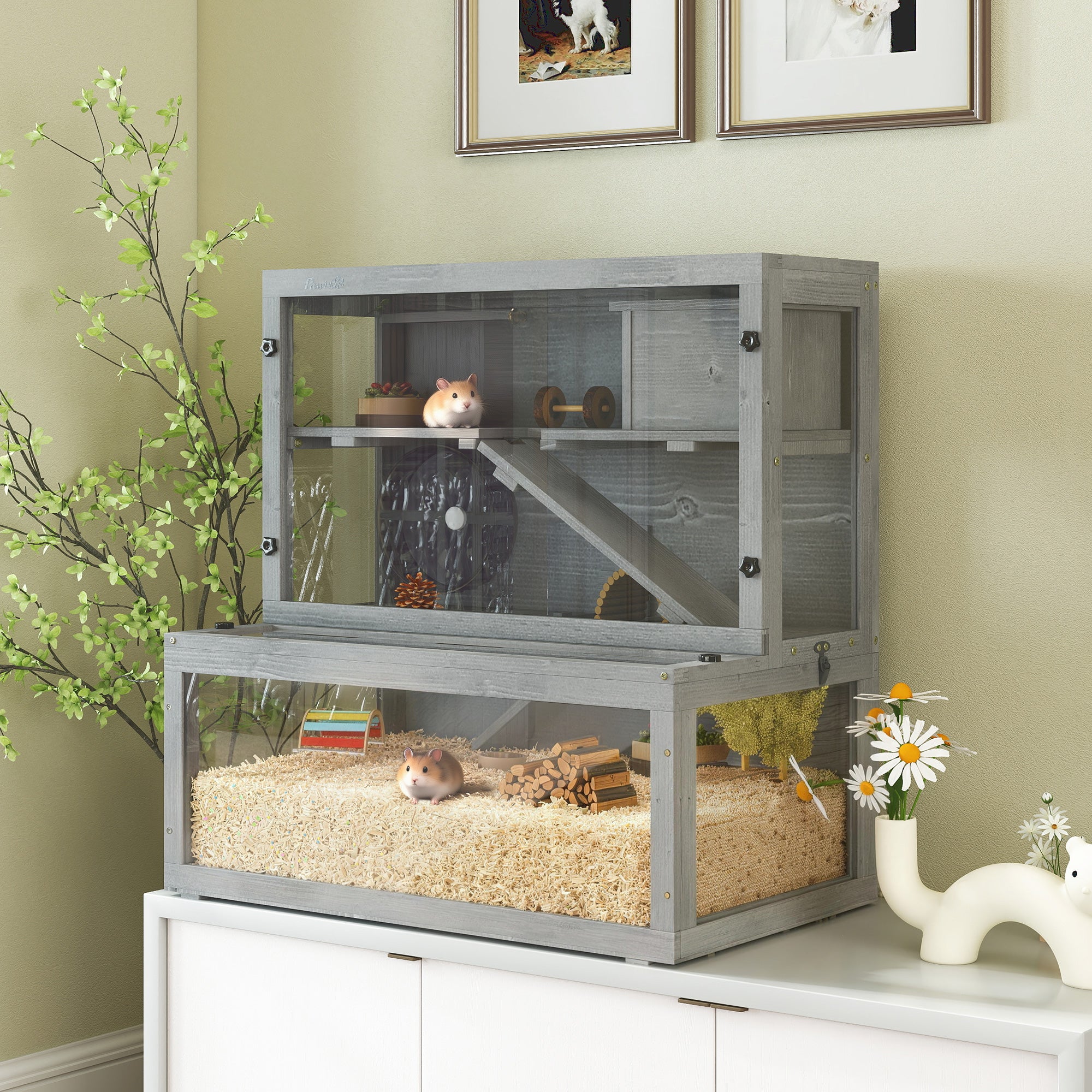 pawhut-cage-hamster-3-niveaux-en-bois-de-sapin-avec-panneau-transparent-gris image 3