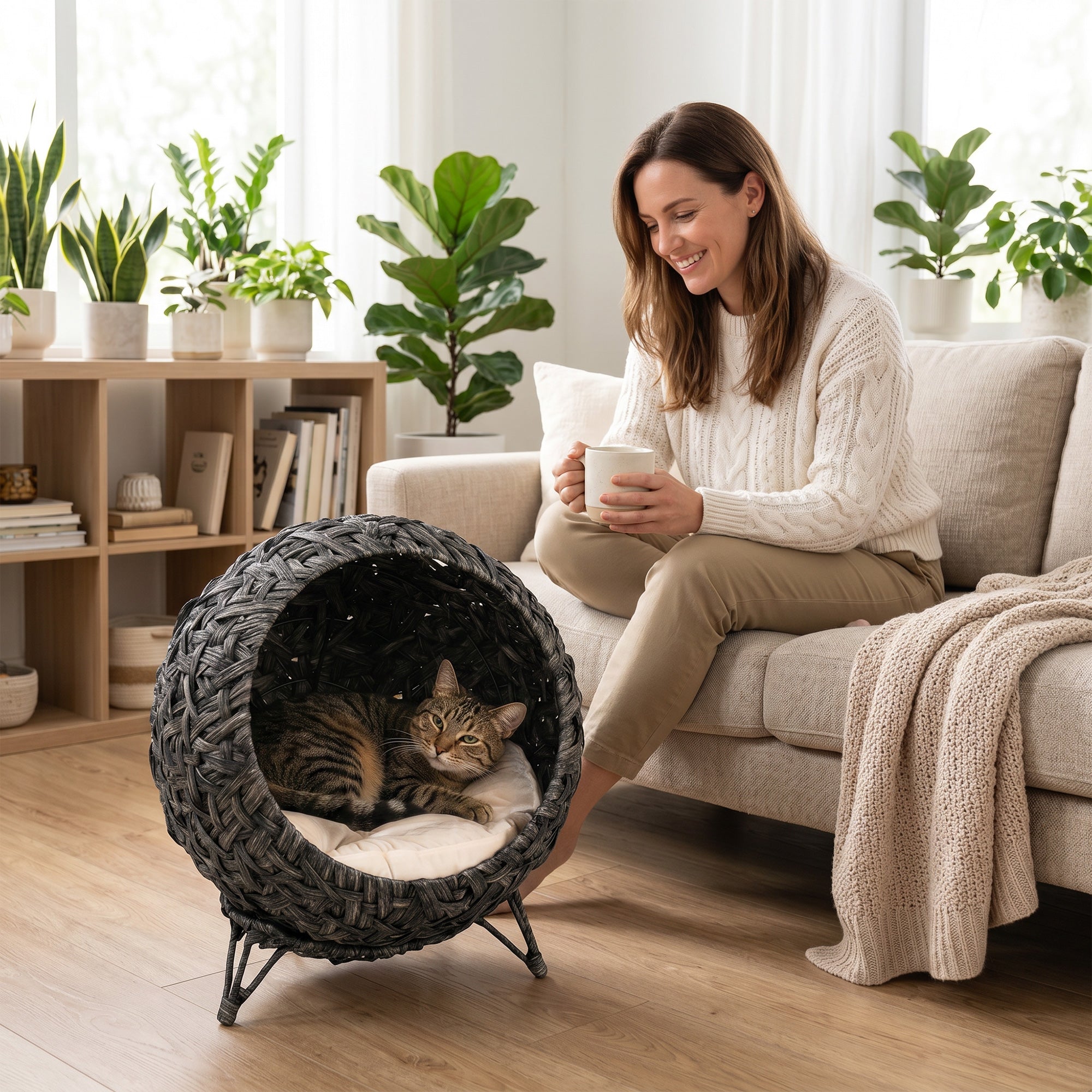 pawhut-lit-chat-sur-lev-rotin-tress-avec-coussin-et-base-m-tal-gris image 3
